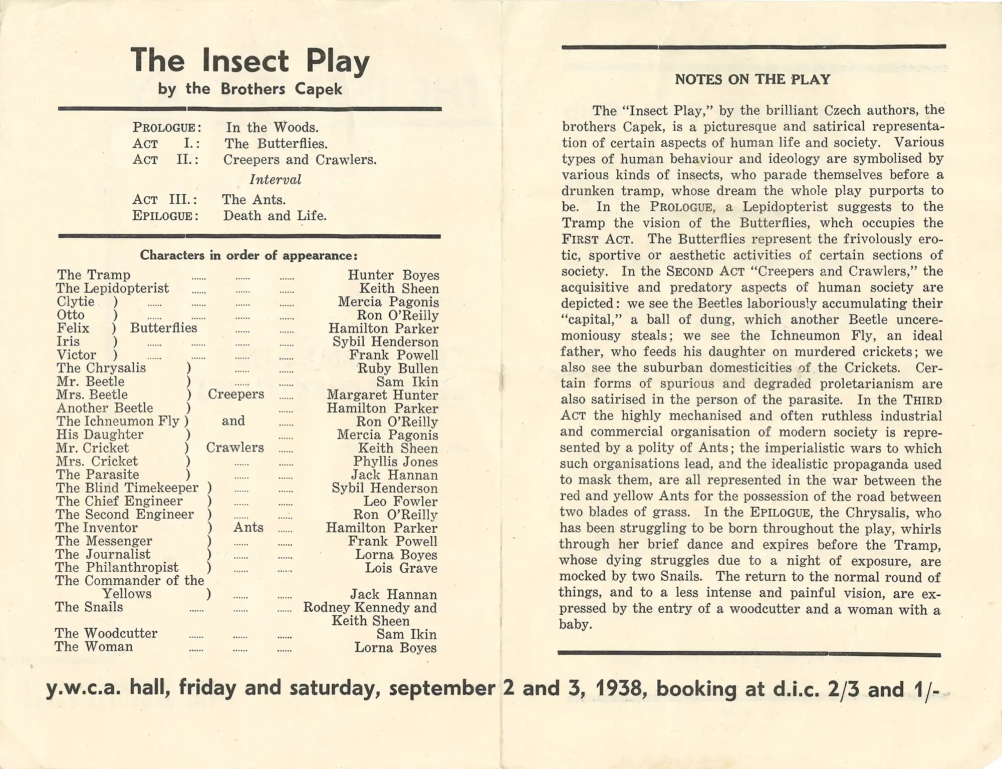 Brothers Čapek, The Insect Play. [Dunedin]: The Dunedin Left Book Club, September 1938. Ephemera Collection