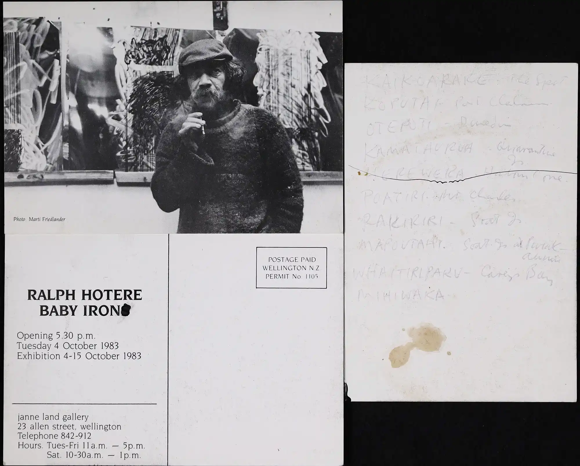 ‘Ralph Hotere Baby Irons’ postcards. [Wellington: Janne Land Gallery], 1983. Hotere Ephemera 