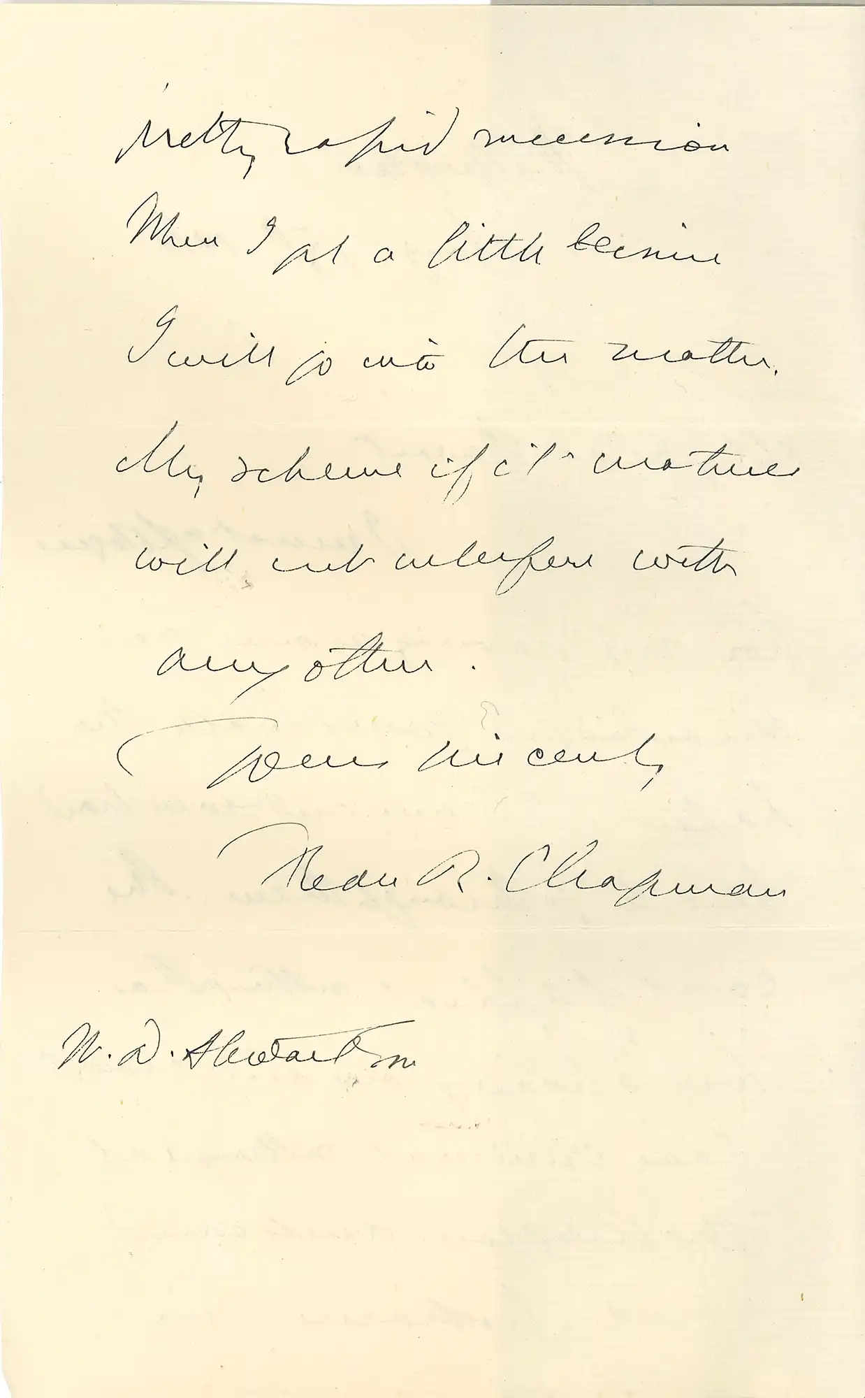 The Honourable Sir Frederick Revans Chapman (1849-1936). Letter from Chapman, Wellington, to William Downie Stewart , 13 August 1911.