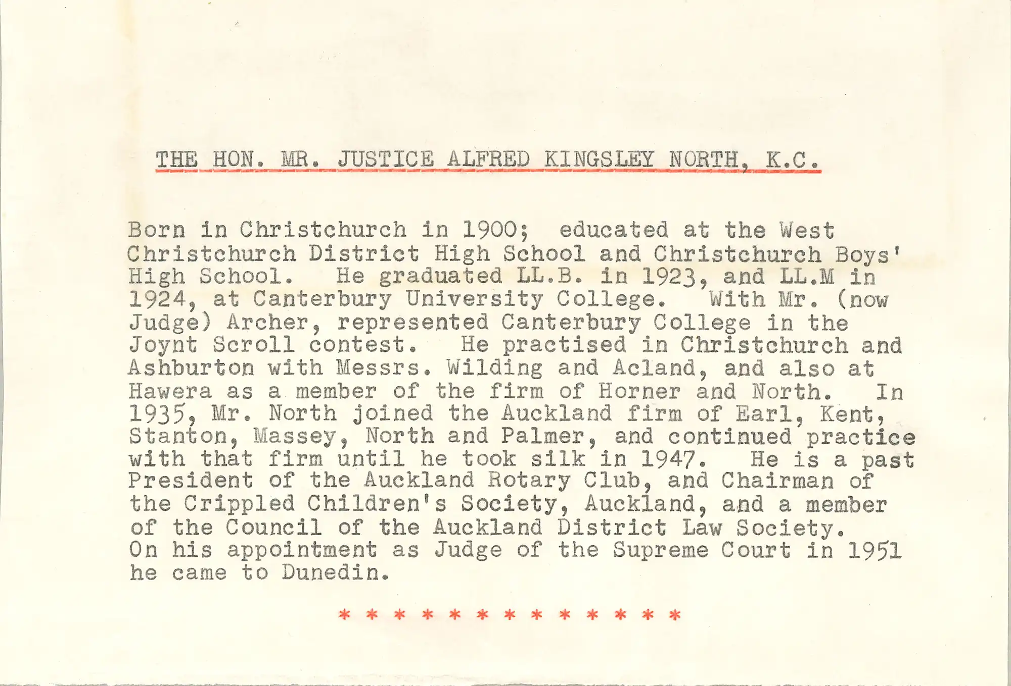 The Honourable Mr Justice Alfred Kingsley North (1900-1981). Brief typed biography.