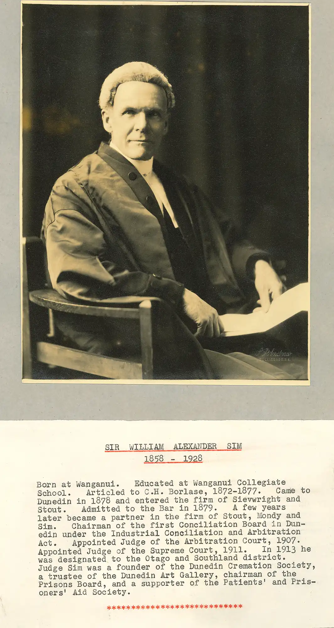 The Honourable Sir William Sim (1858-1928). Portrait photograph and brief typed biography.
