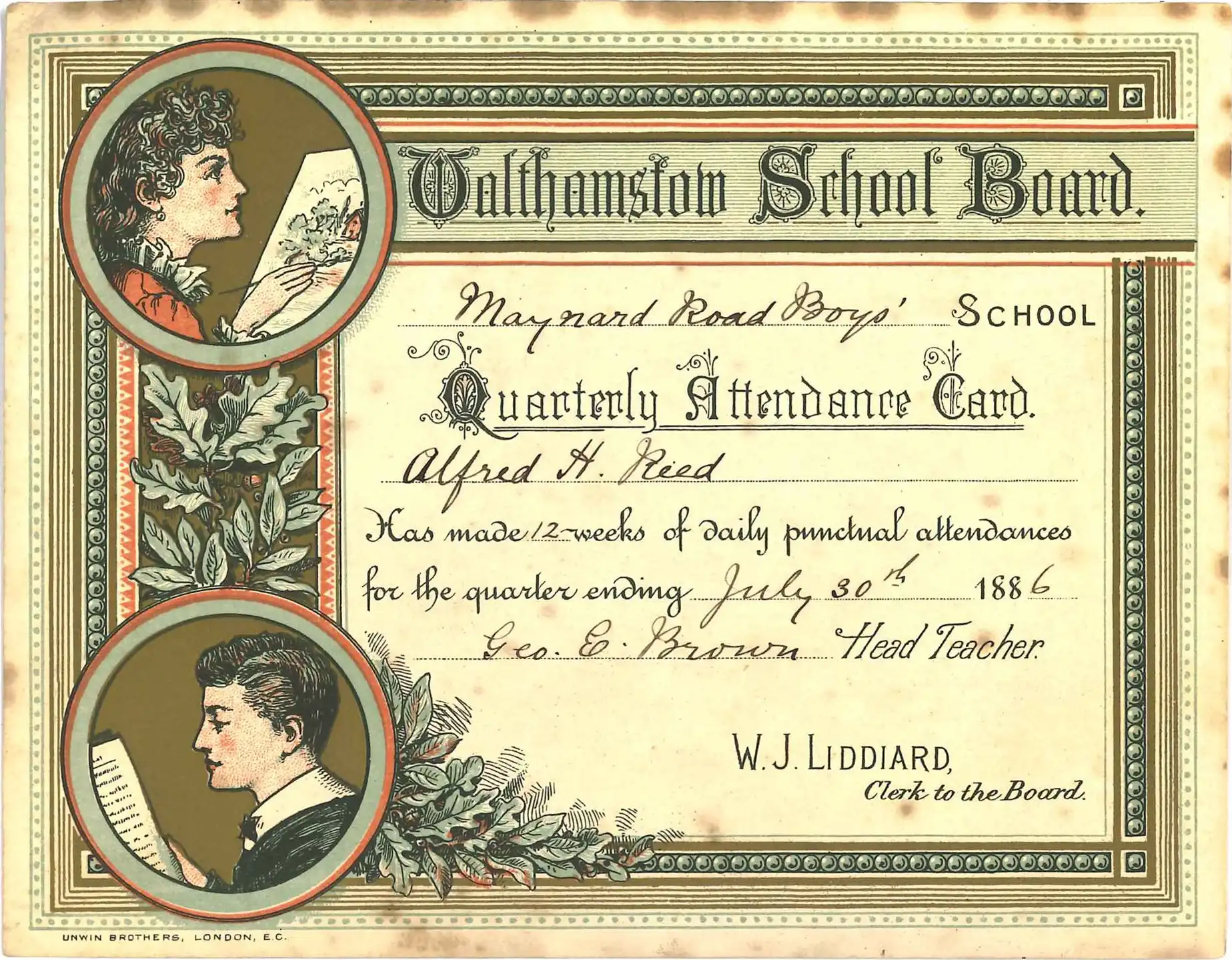 Lithographed card certifying Alfred Reed’s quarterly attendance at Maynard Road School, England, 30 July 1886.