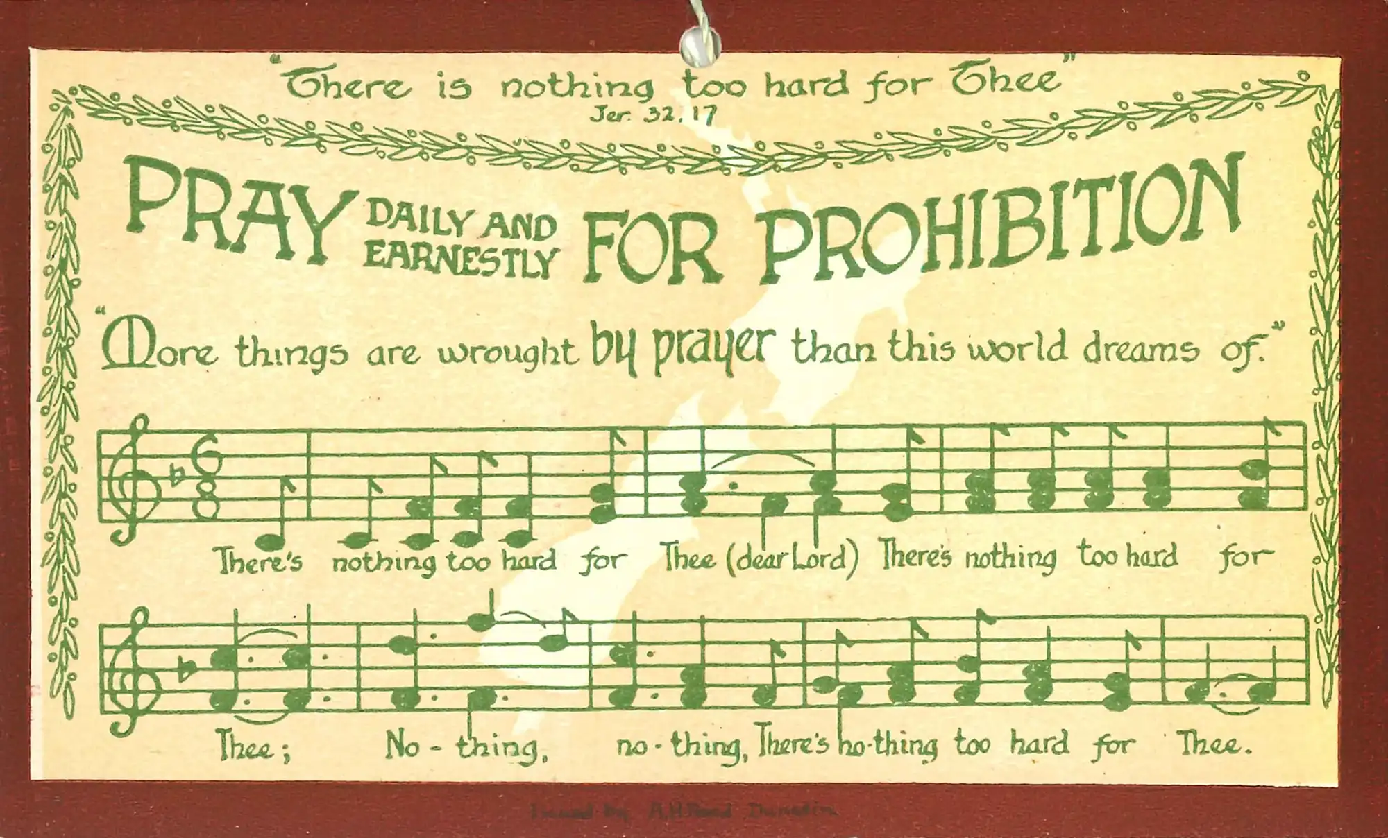 Printed card “Pray for Prohibition” issued by A.H. Reed, 1920s.