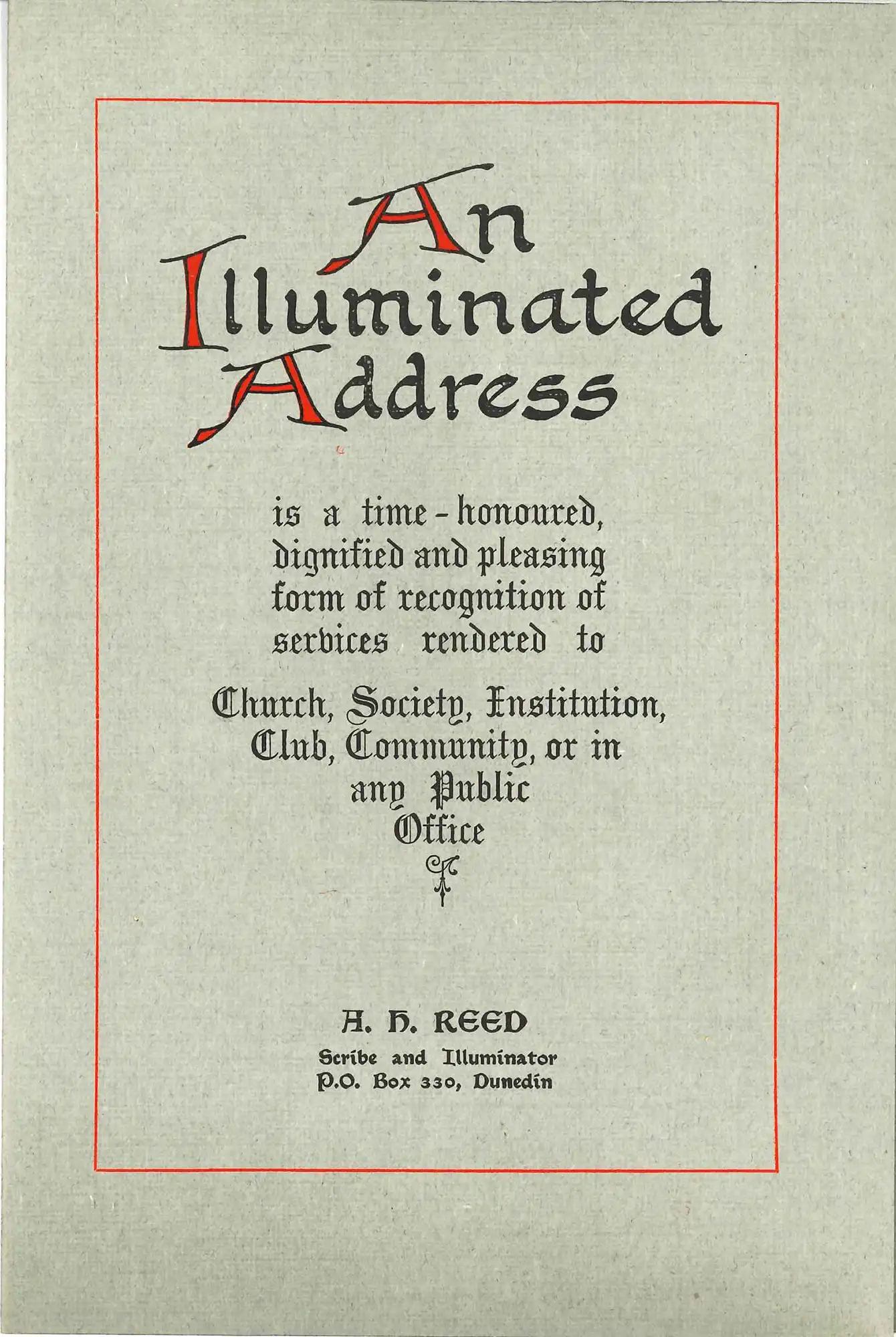 Pamphlet advertising “An illuminated address” issued by A.H. Reed, ca. 1919.