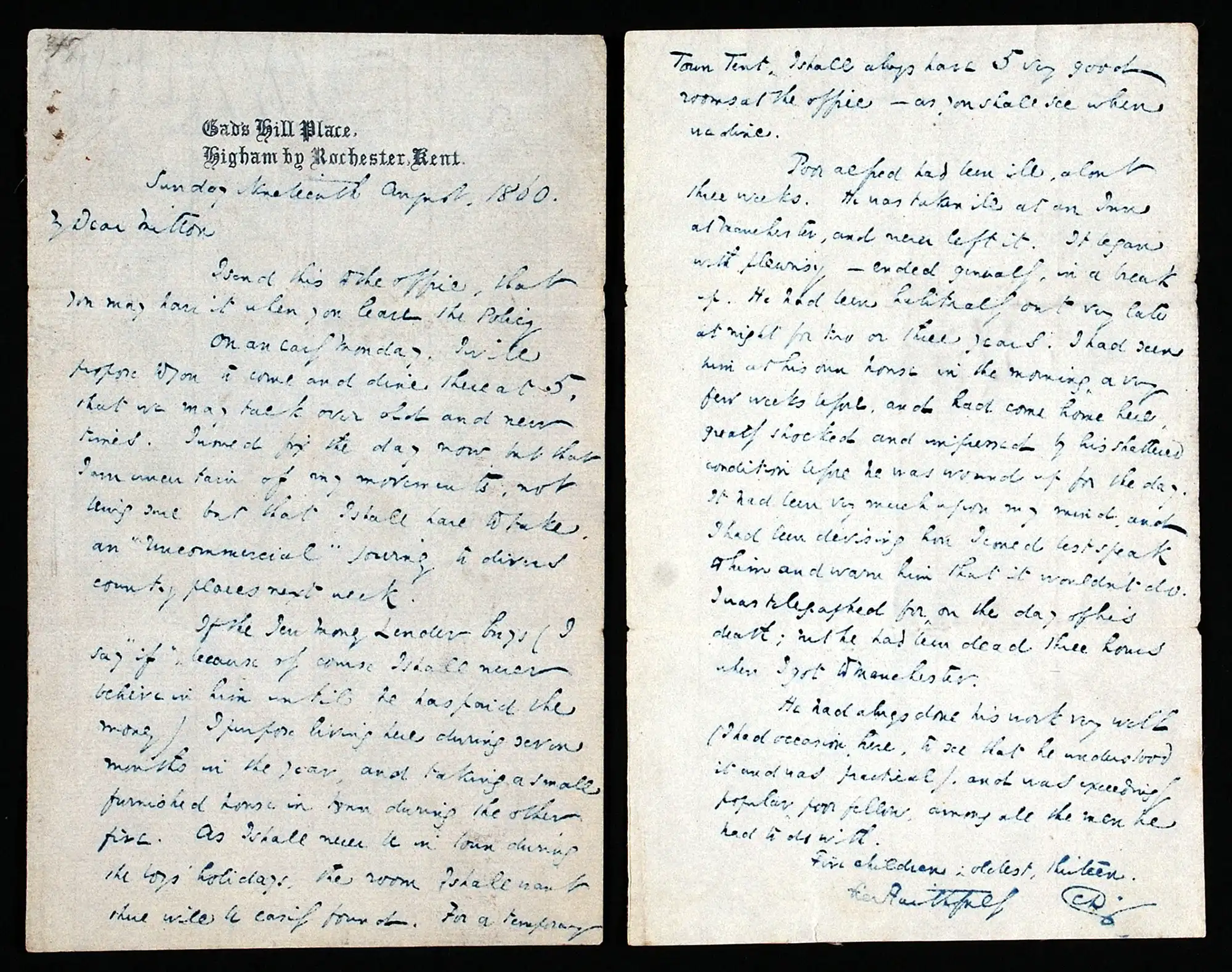 Letter, Charles Dickens, Gads Hill Place, Higham, Kent, to Tom Mitton, 19 April 1860.