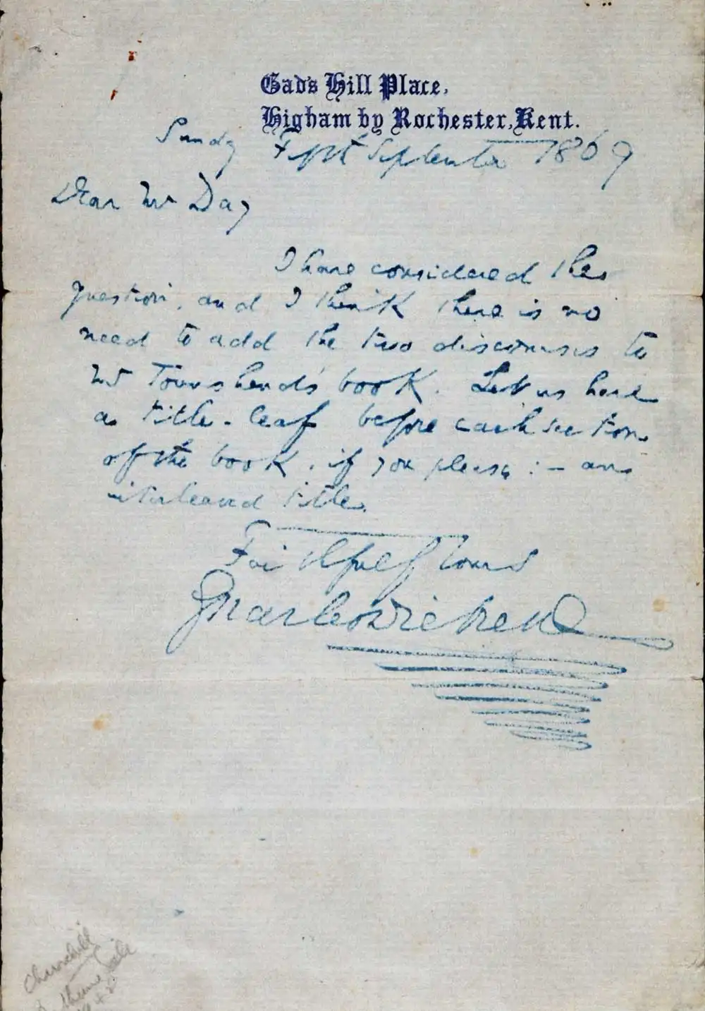 Letter. Charles Dickens to William Day, Gad’s Hill Place, Higham by Rochester, Kent, 5 September 1869