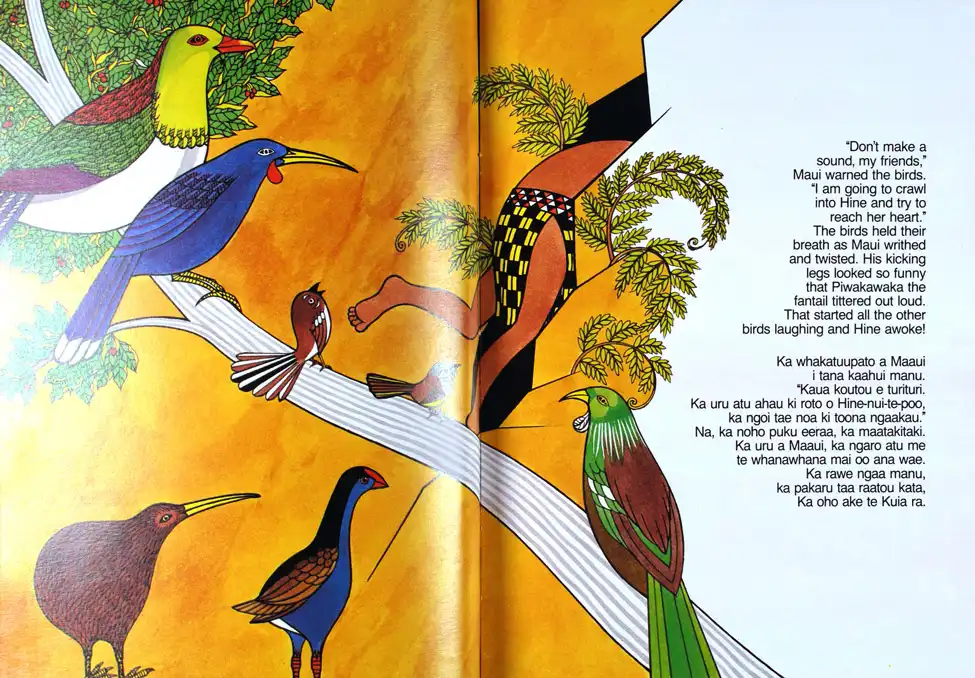 <i>How Maui Defied the Goddess of Death: Te Taki a Maaui a Hine-nui-te-poo; Written and Illustrated by Peter Gossage; Translated to Maori by Merimeri Penfold. </i>  Auckland: Lansdowne Press, 1985.