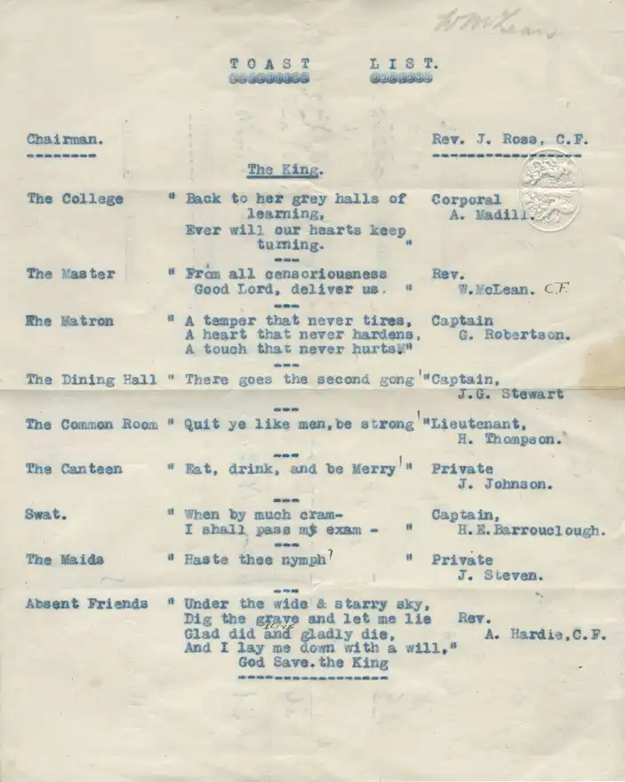 Knox College Reunion Dinner.  Toast List, Signed Draft Copy. 1916