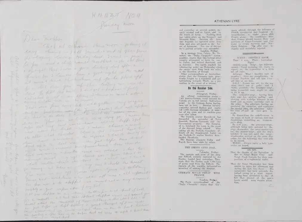Gordon [Ferens]. To Dear Mother. Letter. HMTS 11: November 1914