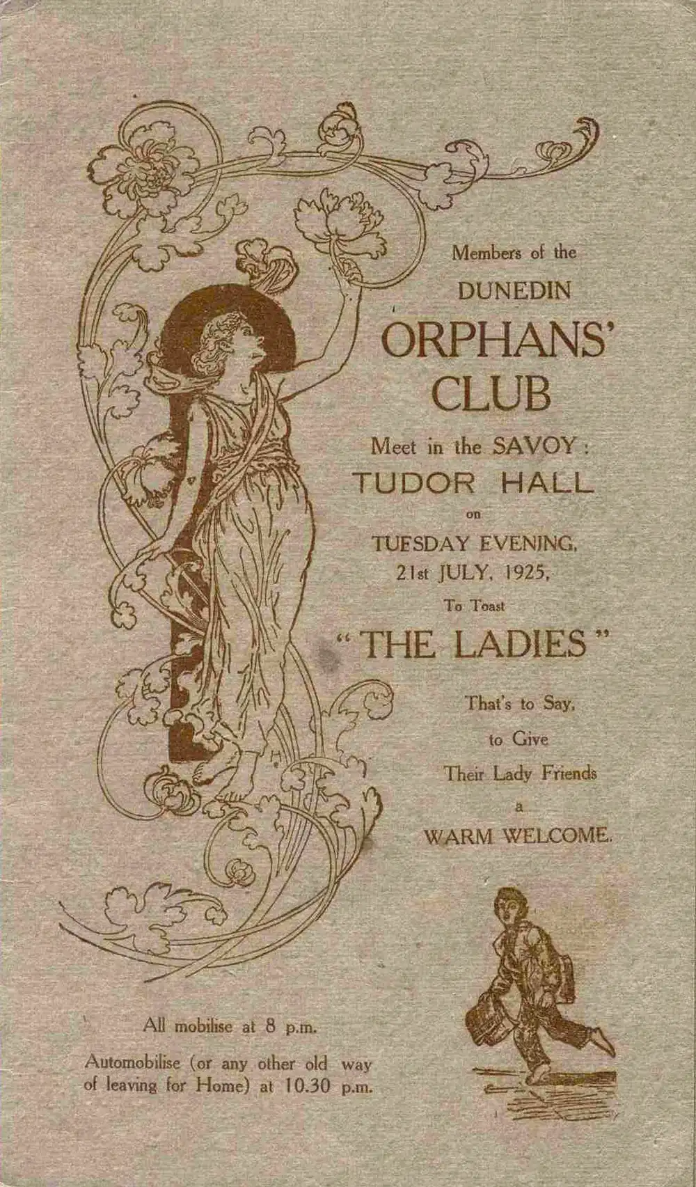 <em>Members of the Dunedin Orphans' Club meet … to toast the ladies, that's to say, to give their lady friends a warm welcome</em>. (Dunedin Orphans’ Club). Tudor Hall, Savoy, Dunedin, July 21, 1925.