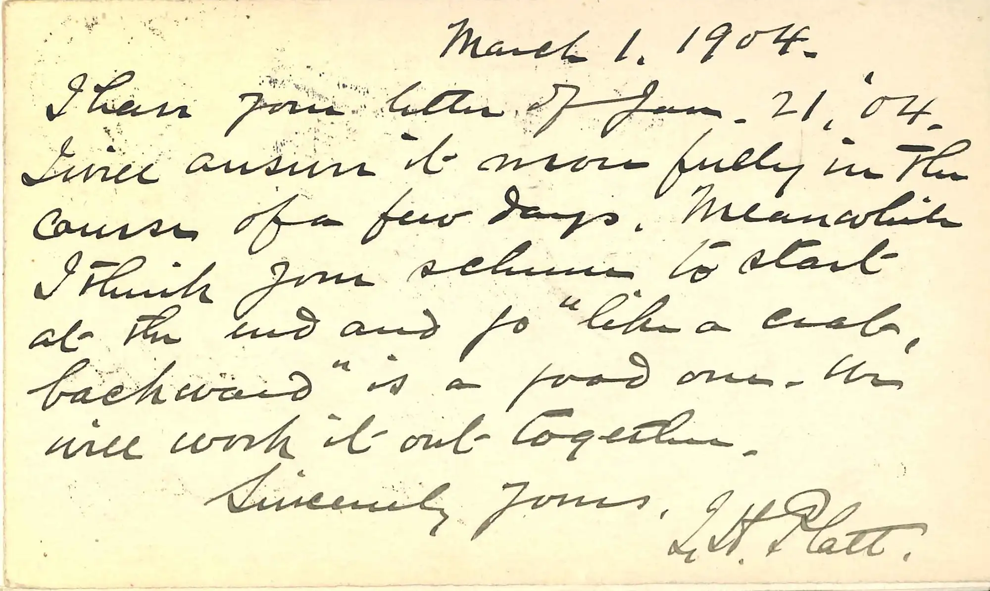 Postcard, March 1, 1904, Isaac Hull Platt to W.H. Trimble. Affixed to front endpaper of: Isaac Hull Platt. Walt Whitman. Boston: Small, Maynard, 1904.
