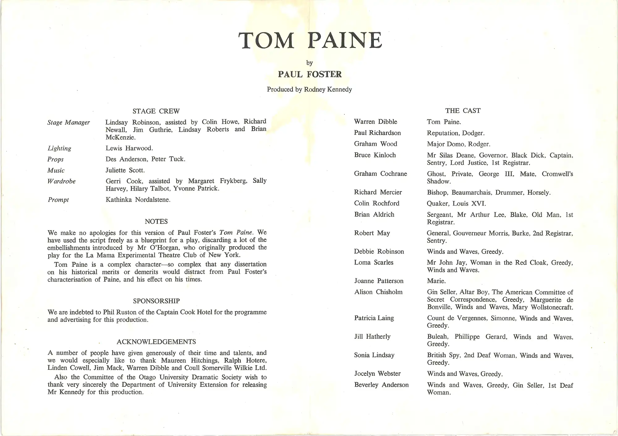 ‘Programme sheet for Tom Paine by Paul Foster’. Dunedin: August 1969. SPRH Hotere Ephemera