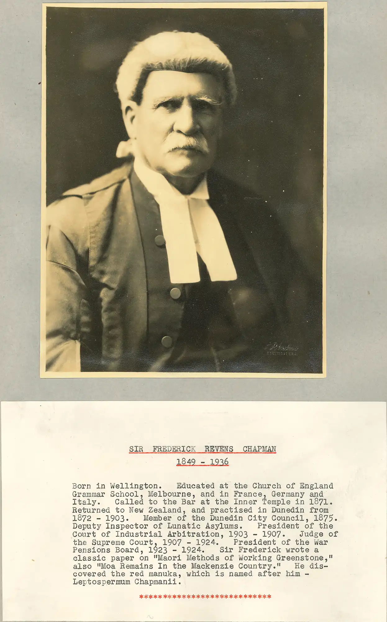 The Honourable Sir Frederick Revans Chapman (1849-1936). Portrait photograph and brief typed biography.