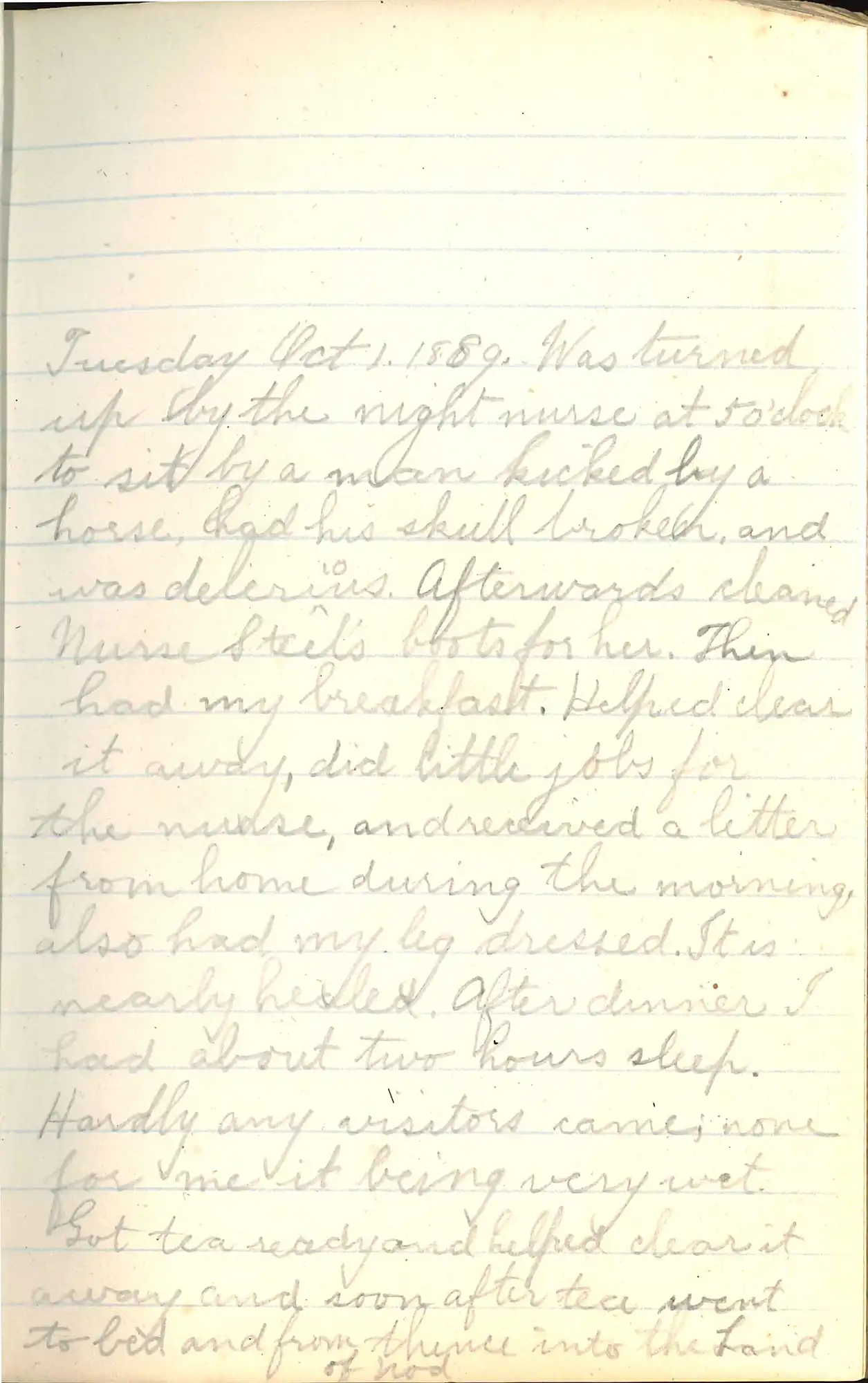 A page from Alfred Reed’s diary written while in hospital at Auckland, 1889.