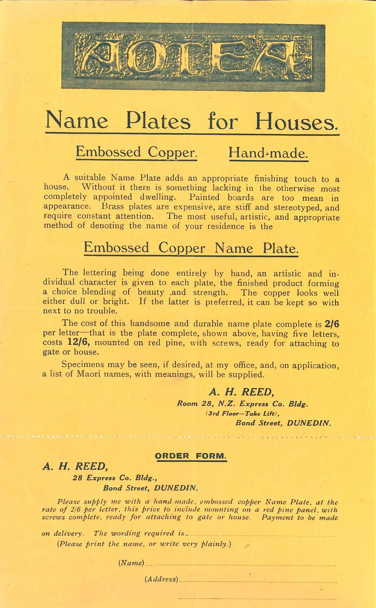 Pamphlet advertising “Name plates for houses” in embossed copper issued by A.H. Reed, ca. 1919.