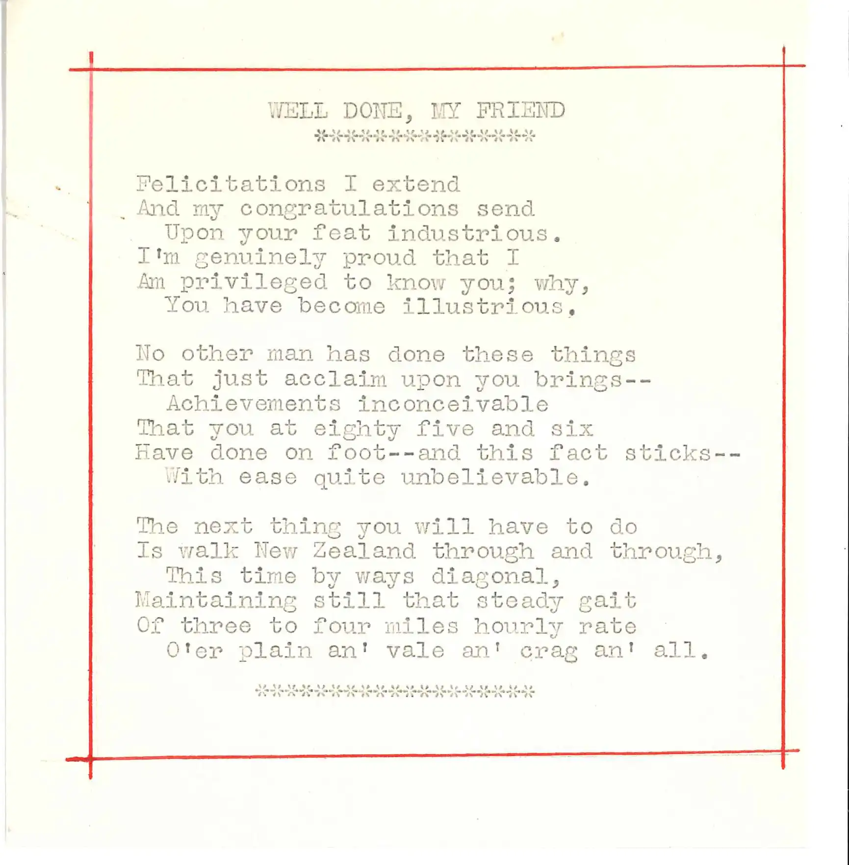 Typed panegyric in verse written to A.H. Reed by J.D.S. Roberts, Cromwell, 24 February 1962. 