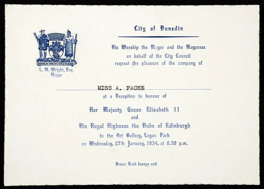 Invitation to a reception in honour of Queen Elizabeth II, issued to the City Librarian, Ada Fache, 27 January 1954.