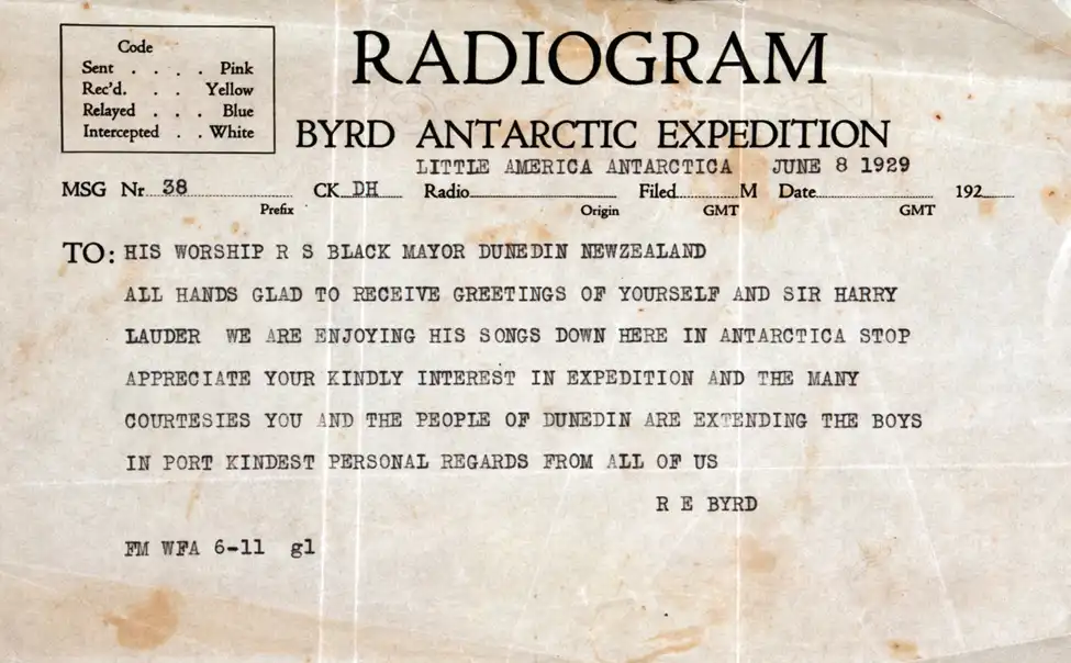 Radiogram. Richard E. Byrd to His Worship R. S. Black, Little America, Antarctica, 8 June 1929.