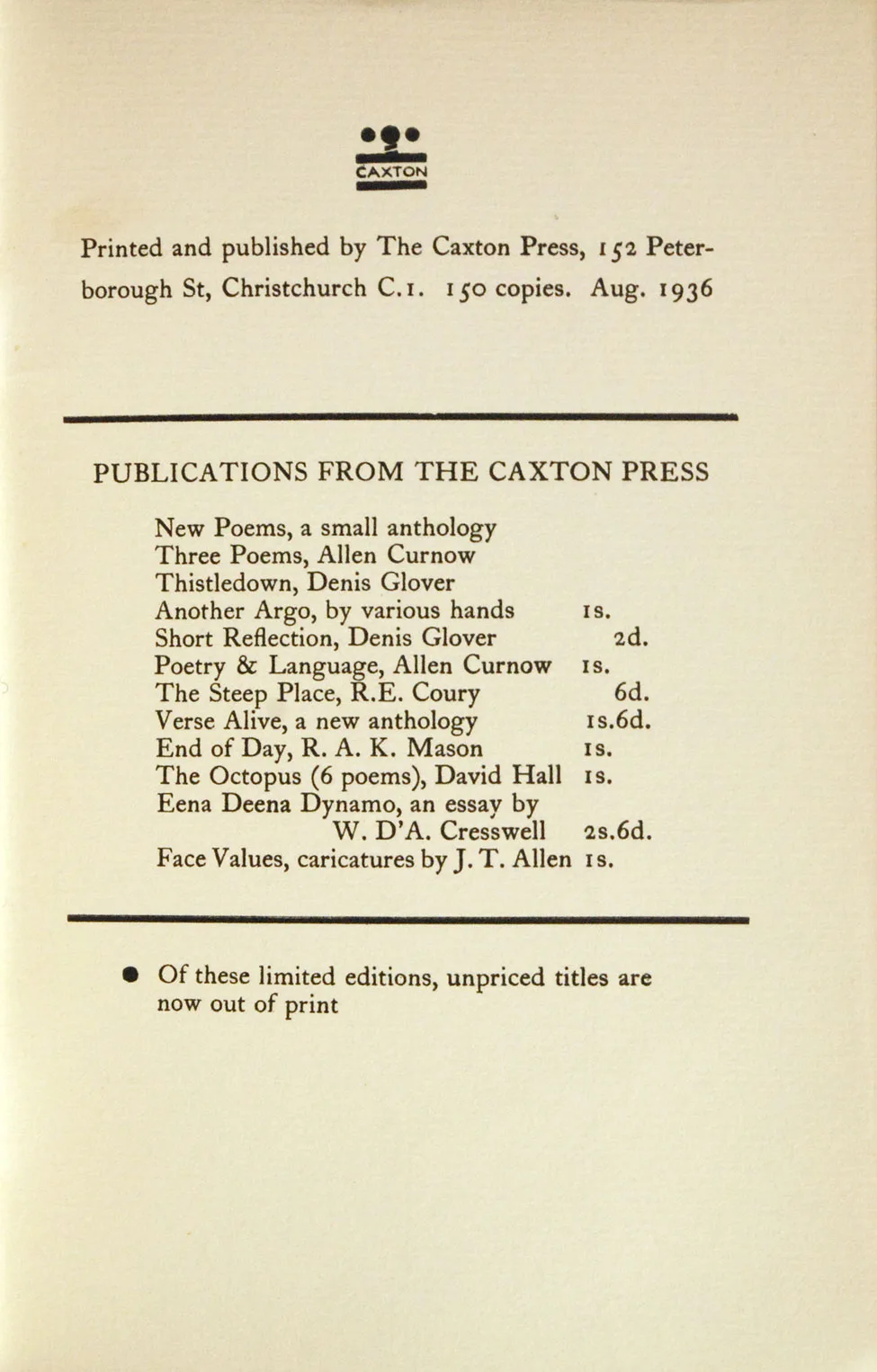 Denis Glover. Three Short Stories. <i>Christchurch: The Caxton Press, 1936.</i>