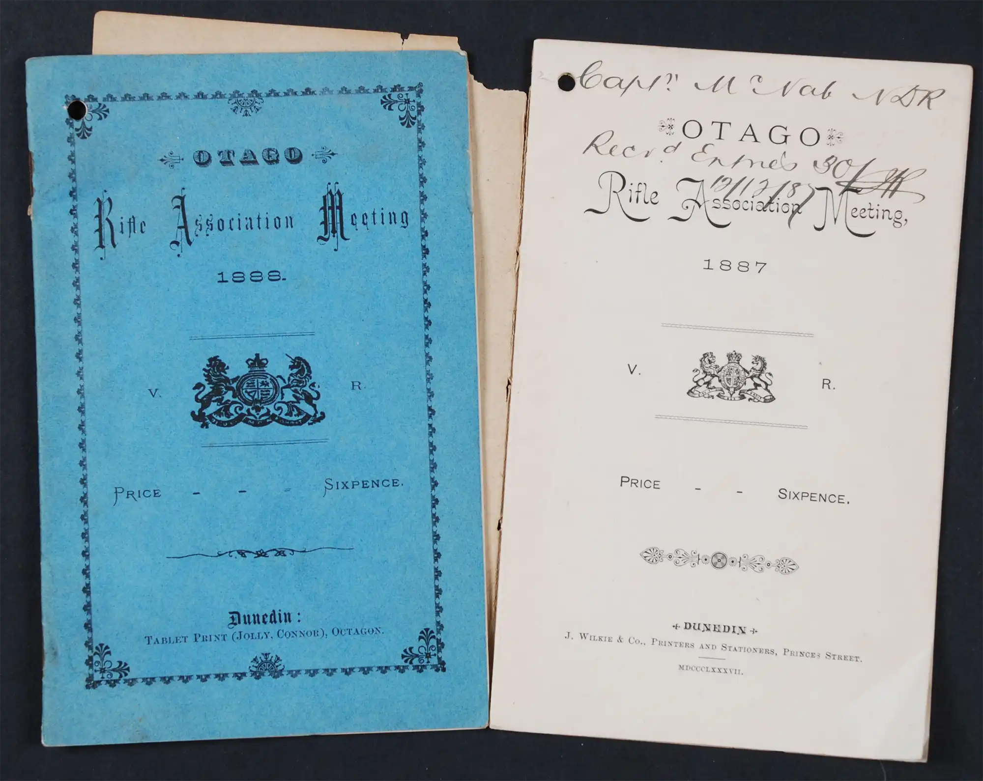 Otago Rifle Association. Otago Rifle Association Meeting.  Dunedin: J. Wilkie & Co., 1887, 1888.