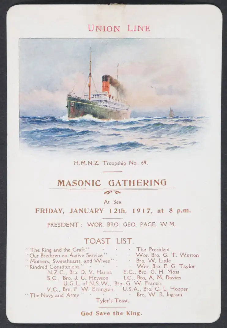 Masonic Gathering. Souvenir. Union Line, HMNZ Troopship 69, Friday 12 January 1917