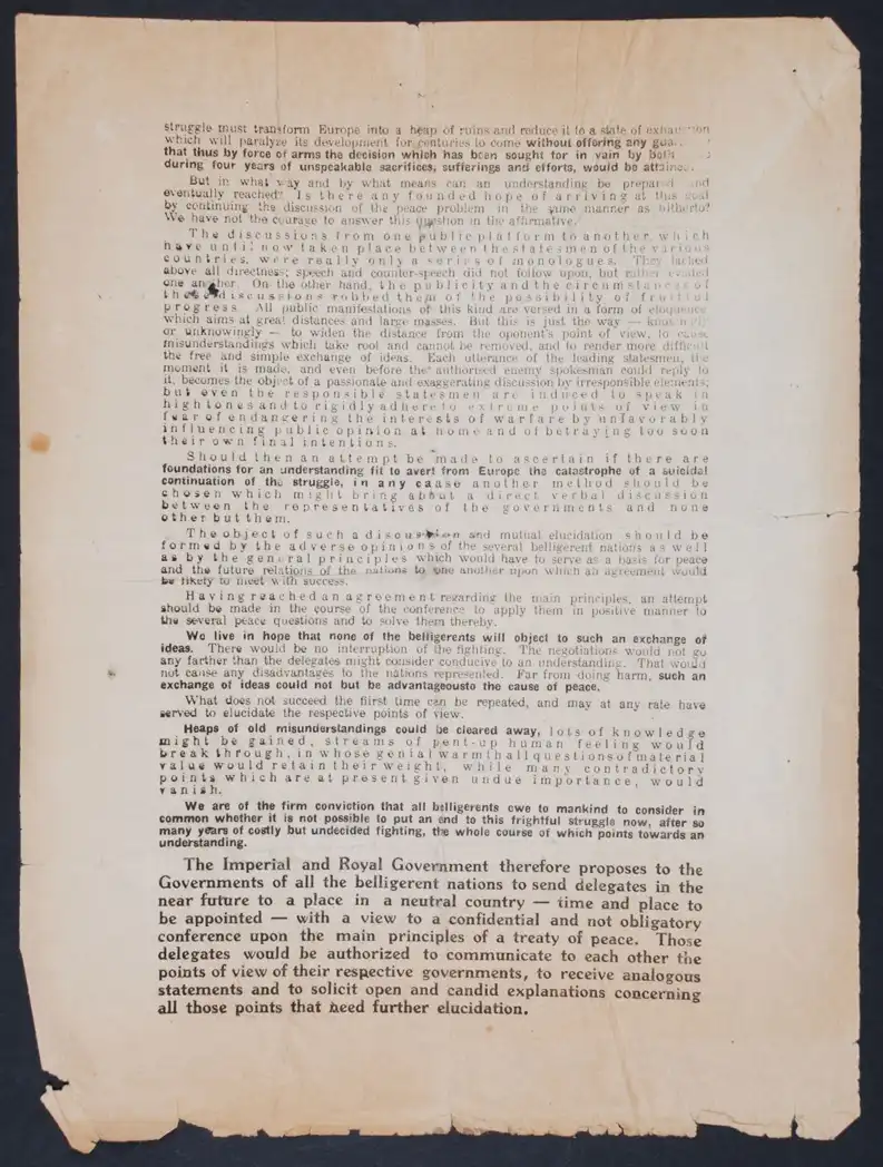 Invitation to Discuss Peace Terms.  Imperial and Royal Government of the Austro-Hungarian Empire, 1918 
