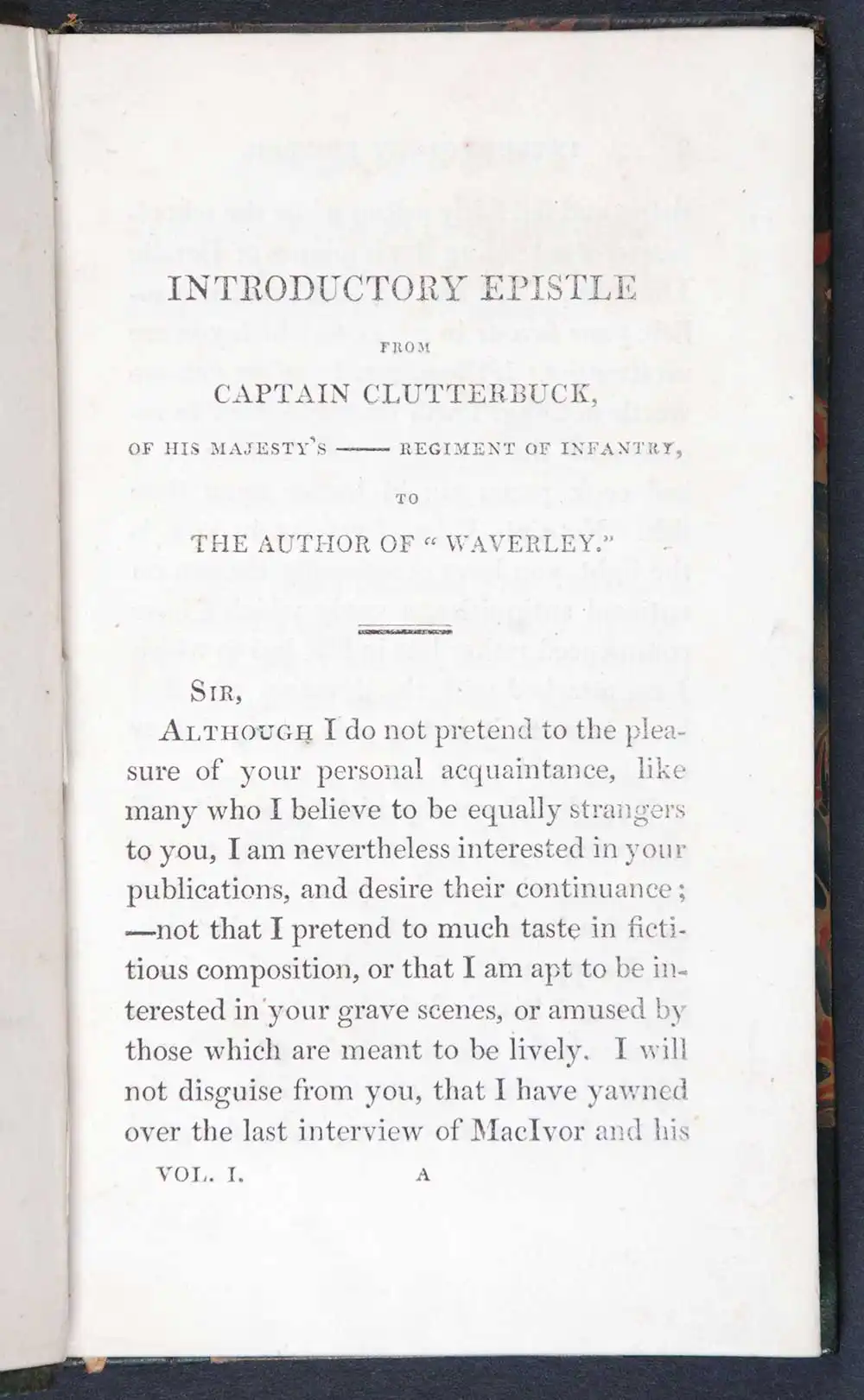 [Sir Walter Scott]. <em>The monastery: a romance.</em> [1st edition]. Edinburgh: Printed for Longman, Hurst, Rees, Orme and Brown, London; and for Archibald Constable and Company, and John Ballantyne, Edinburgh, 1820. Three volumes; Vol. 1 displayed.