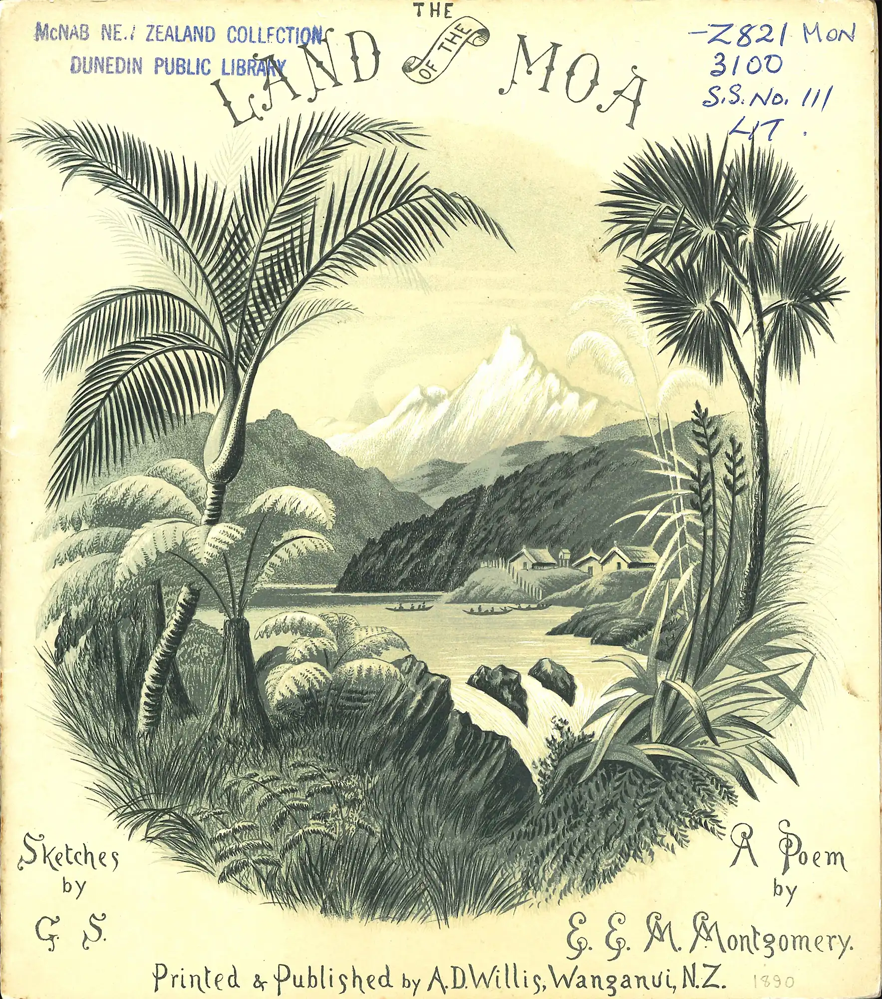 E.E.M. Montgomery. The land of the moa: a poem. Illustrations by George Sherriff. Wanganui: A.D. Willis, 1890.