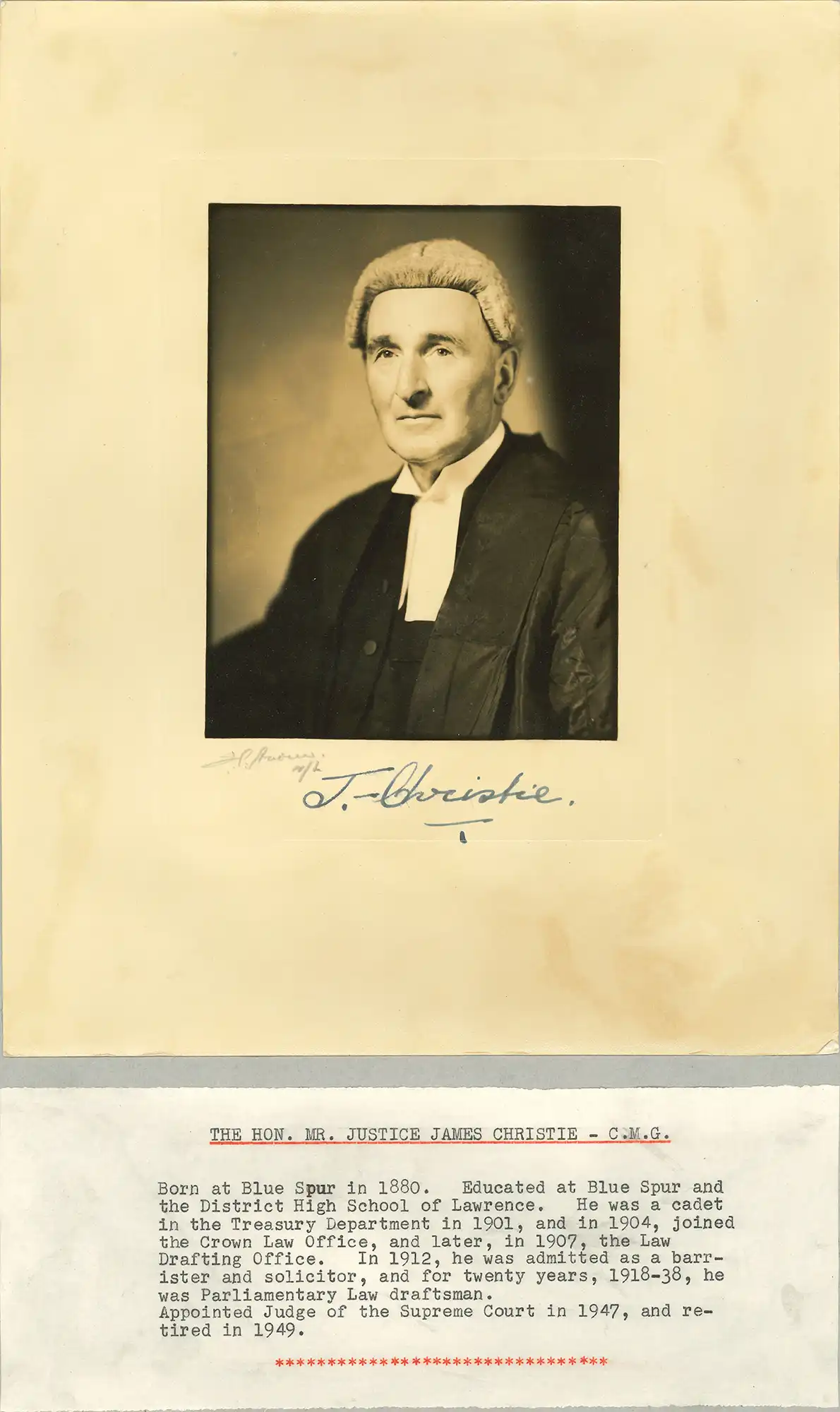 Mr Justice James Christie C.M.G. (1880-1960). Portait photograph and brief typed biography.