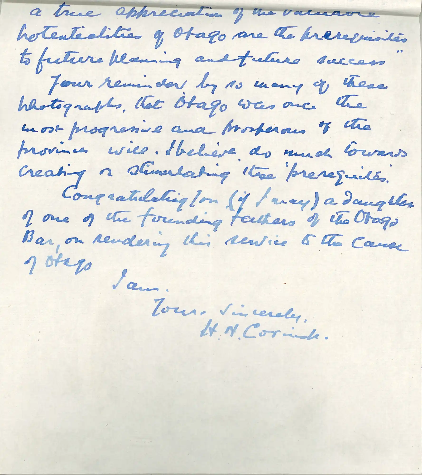 The Honourable Mr Justice Henry Havelock Cornish (1887-1952). Letter from Cornish to Mary Downie Stewart, 5 May 1952, mentioning Otago’s once proud position in all things. 