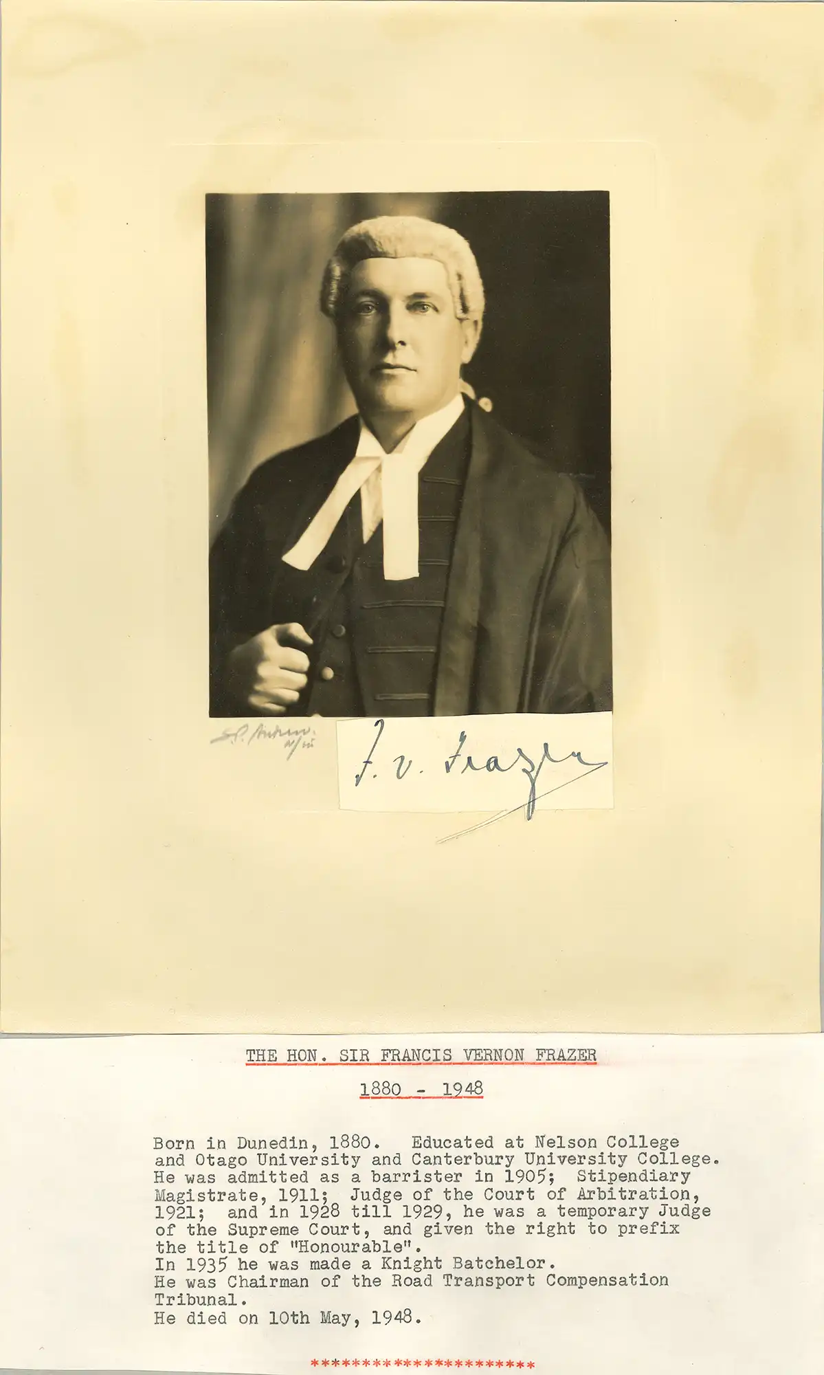 The Honourable Sir Francis Vernon Frazer (1880-1948). Portrait photograph and brief typed biography.