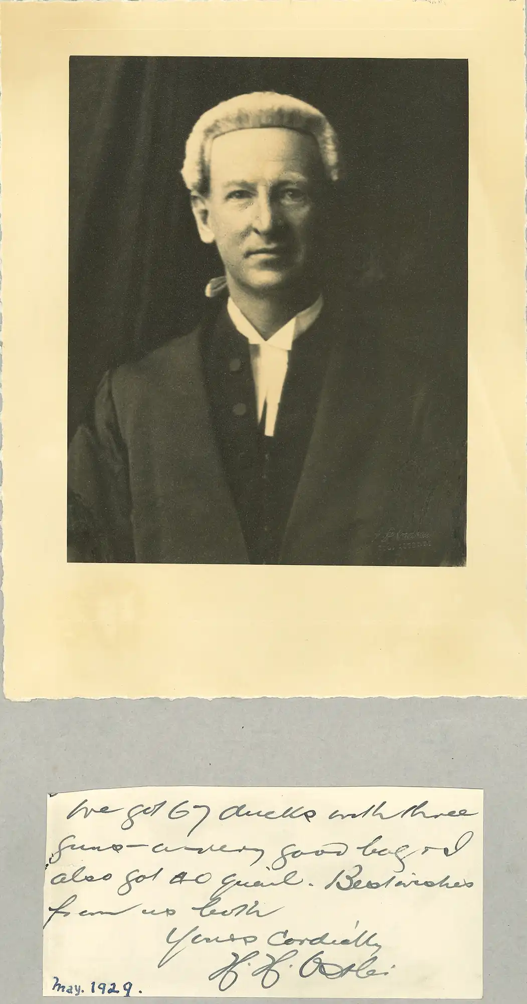 The Honourable Sir Henry Hubert Ostler (1876-1944). Portrait photograph and a cutting of a manuscript signed and dated May 1929.