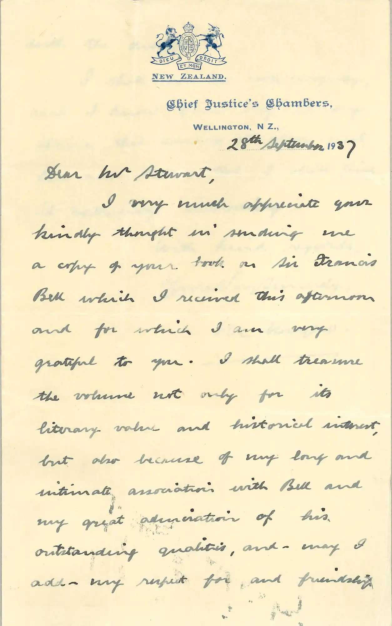 Chief Justice the Right Honourable Sir Michael Myers (1873-1950). Letter from Myers, Chief Justice’s Chambers, Wellington, to William Downie Stewart, 28 September 1937.  
