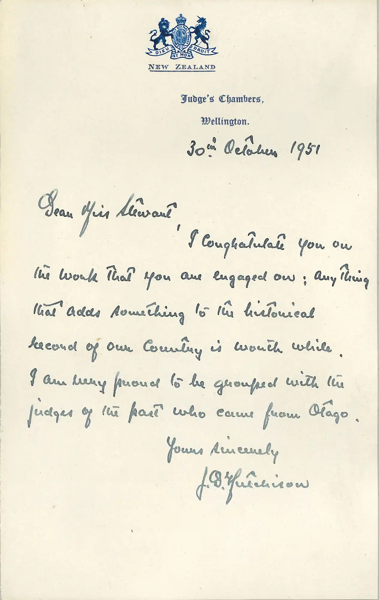 The Honourable Mr Justice James Douglas Hutchinson (1894-1981). Letter from Hutchinson, Judge’s Chambers, Wellington, to Mary Downie Stewart, 30 October 1951.