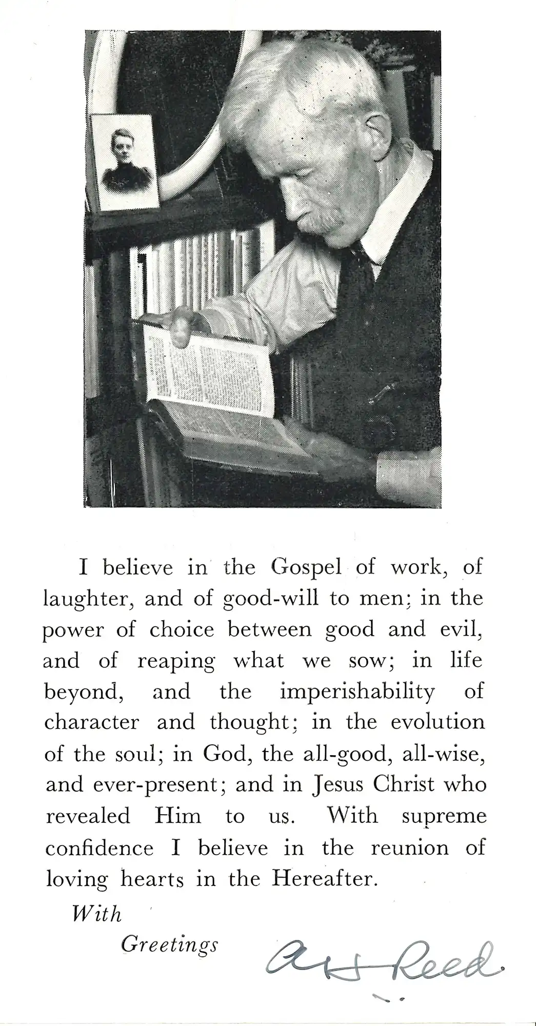 A.H. Reed’s creed on a picture card, ca. 1955.