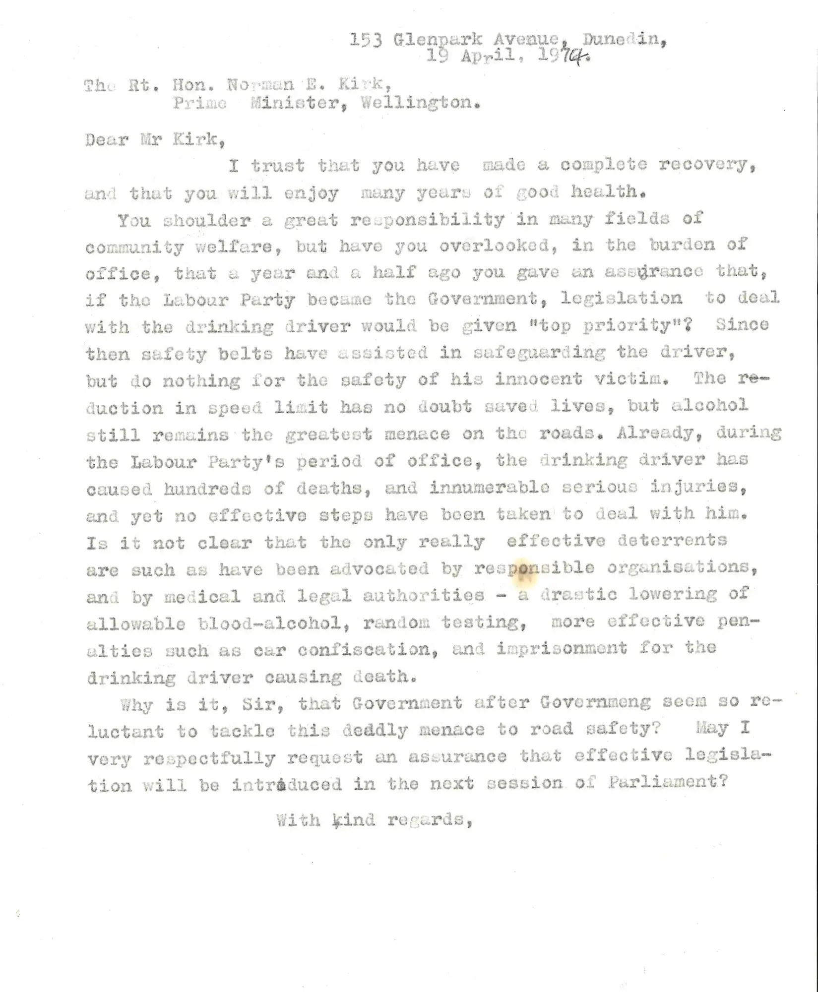 Letter, A.H. Reed to Norman Kirk, Wellington, 19 April 1974.
