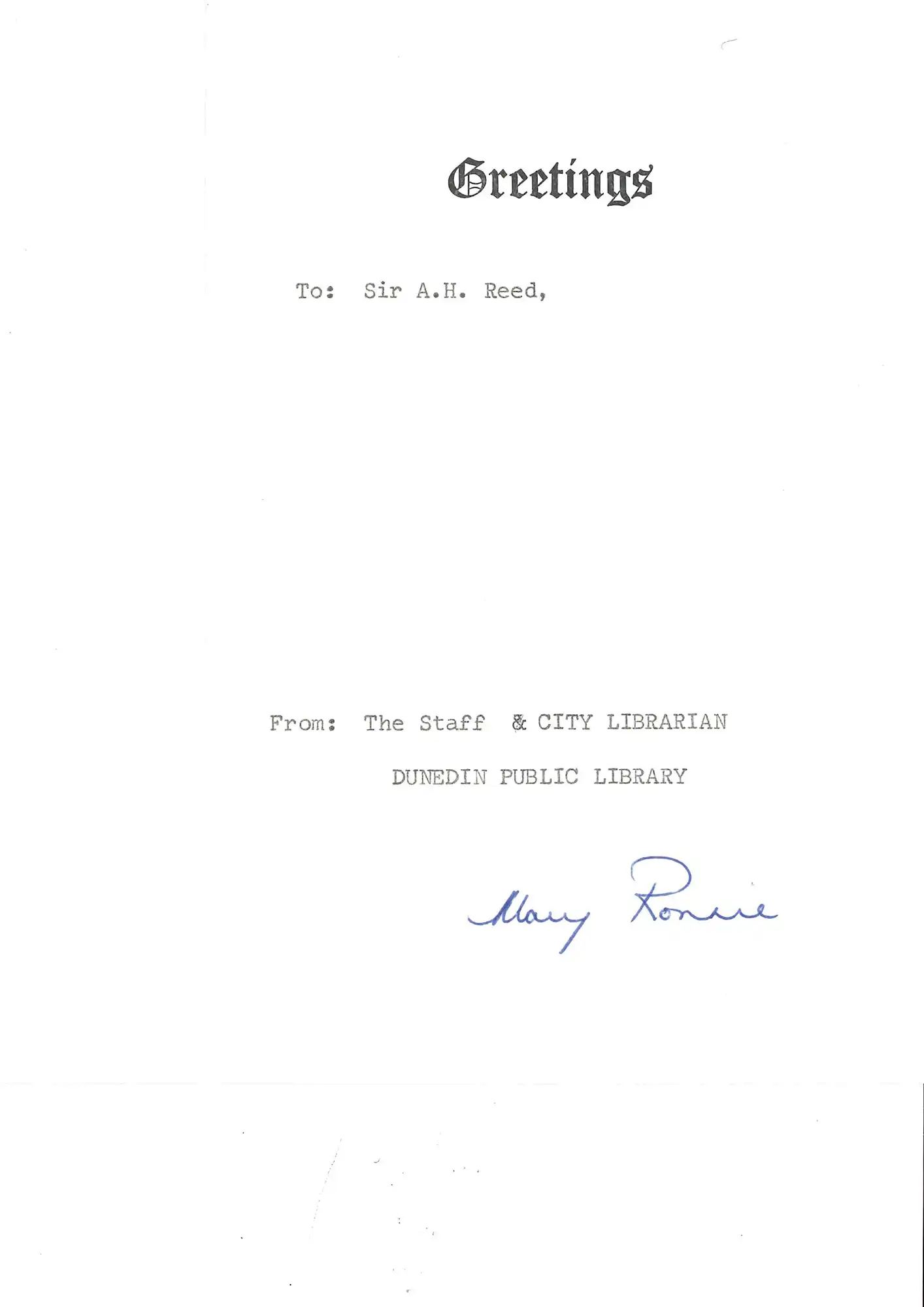 Greetings card, Mary Ronnie, Dunedin Public Library, to A.H. Reed, Dunedin, 27 November 1974.