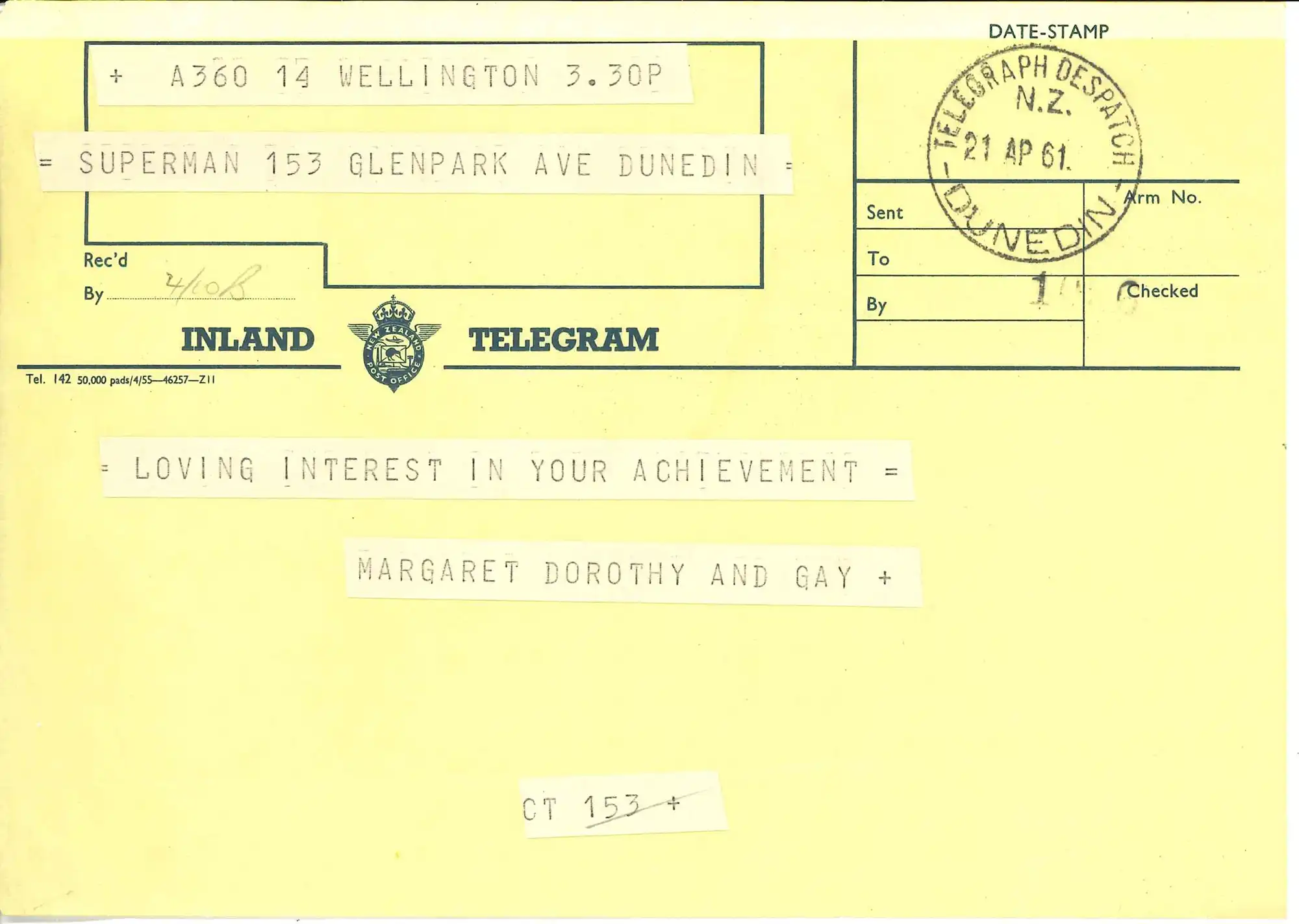 Telegram addressed to ‘Superman’ congratulating A.H. Reed for completing his From North Cape to Bluff walk, 21 April 1961.