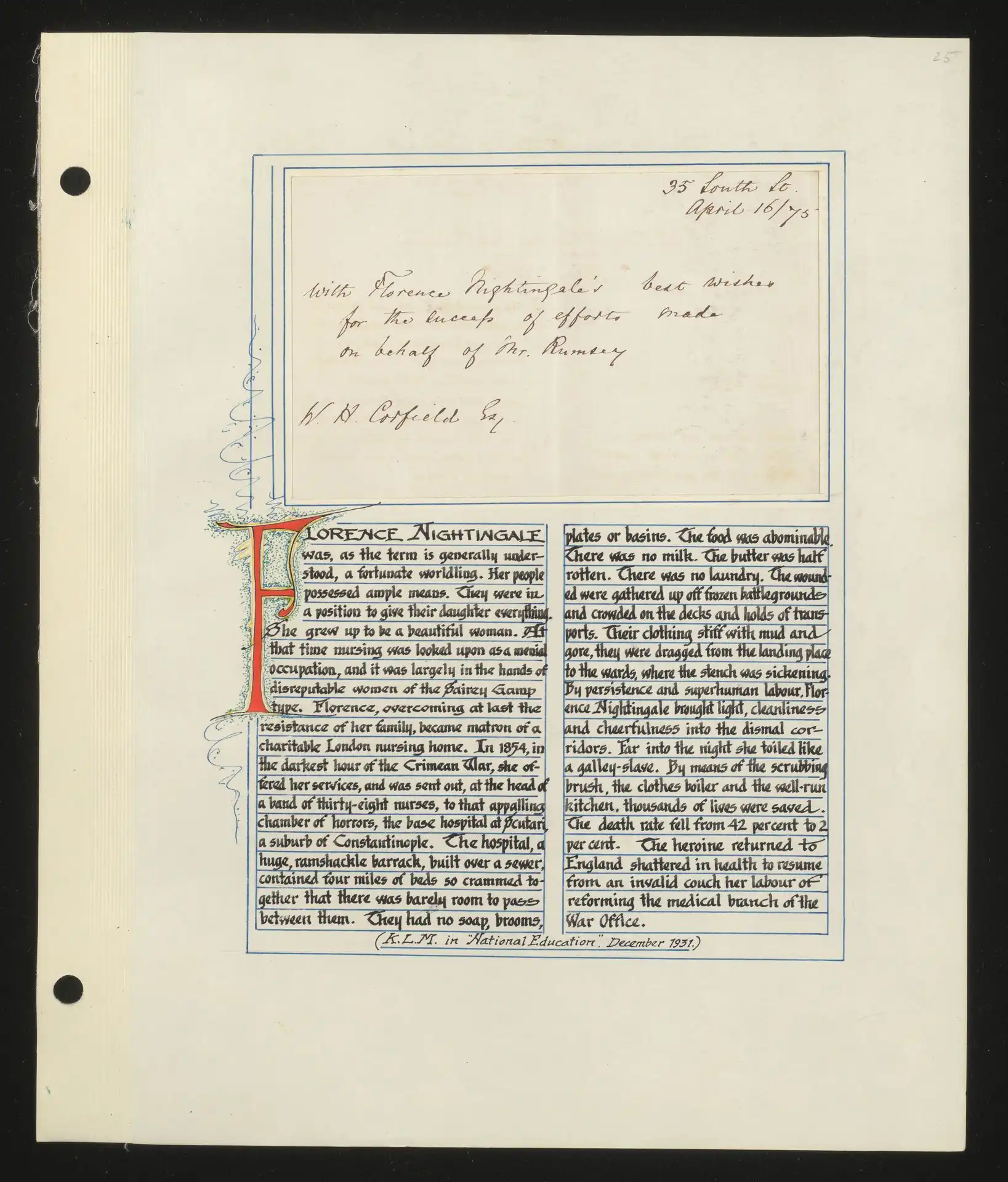 Reed Autograph Letters Album A, no. 25: Florence Nightingale.