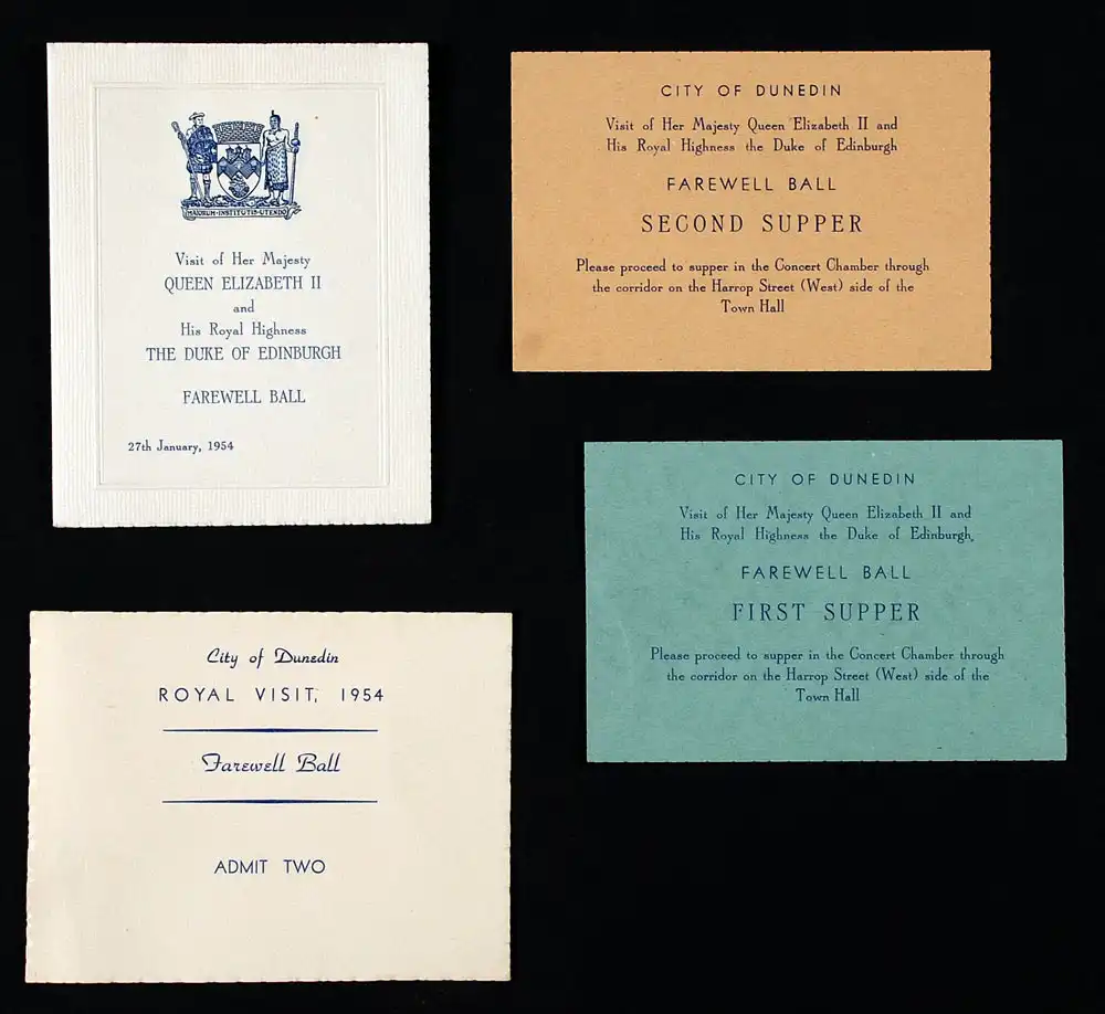 Ephemera relating to the farewell ball for Queen Elizabeth II and the Duke of Edinburgh: one admission card, two tickets to the first and second suppers, and the booklet which enclosed the tickets, 27 January 1954.