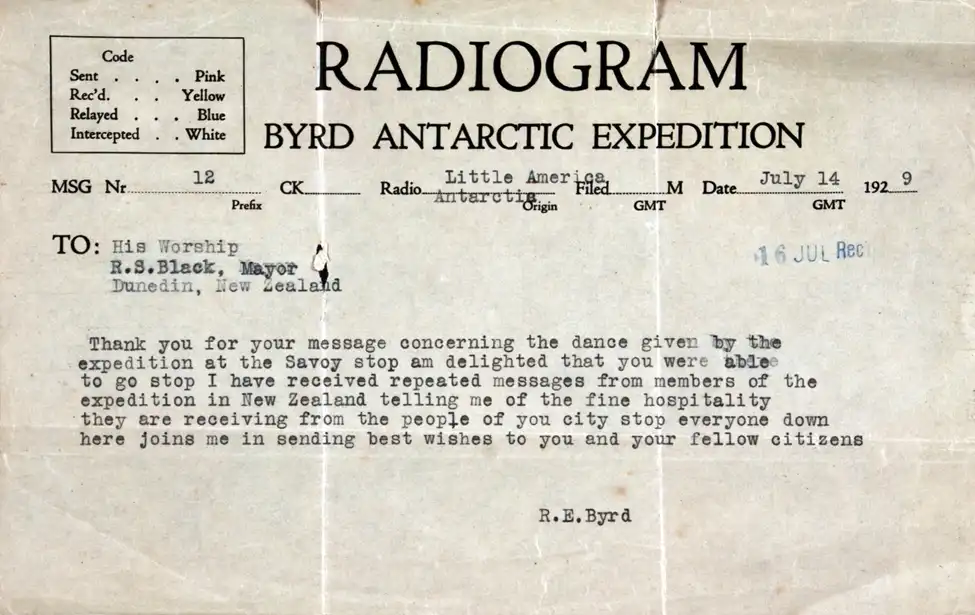 Radiogram. Richard E. Byrd to His Worship R. S. Black, Little America, Antarctica, 14 July 1929.