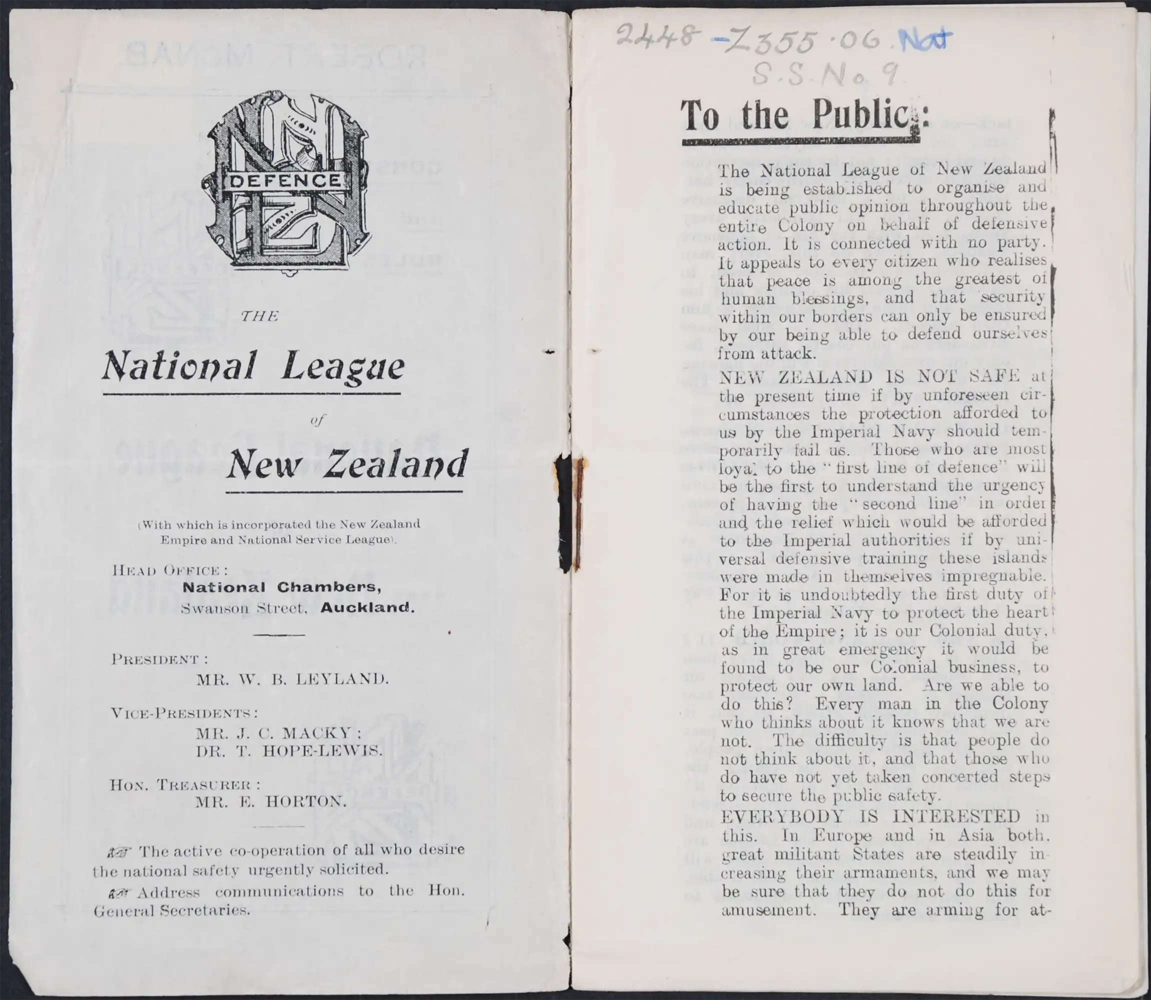 National League of New Zealand. Constitution and Rules: National League of New Zealand (with which is incorporated the New Zealand Empire and National Service League).  Auckland: Herald, 1906.