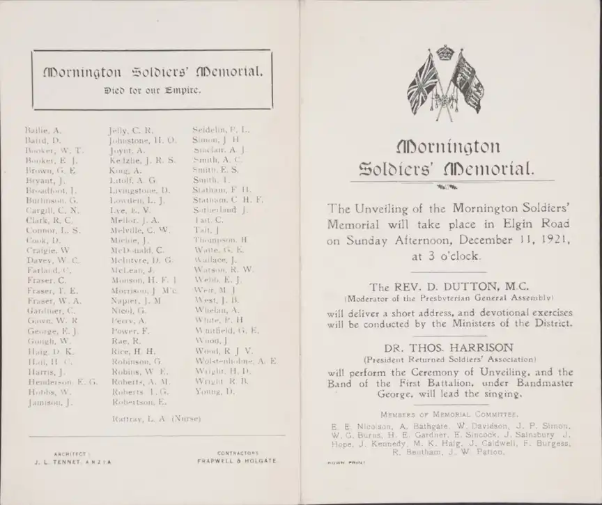 Mornington Soldiers’ Memorial. Unveiling Programme. Dunedin, 1921
