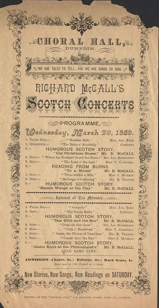 <em>Richard McCall’s Scotch concerts</em>. Choral Hall, Dunedin, Mar. 20, 1889.