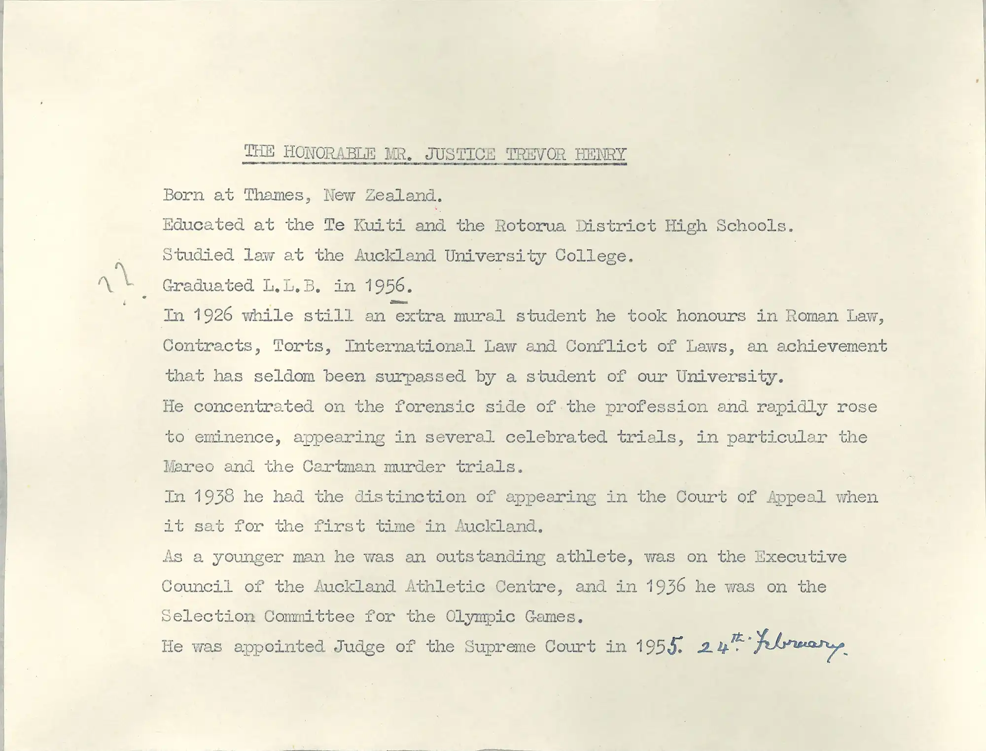 The Honourable Mr Justice Trevor Henry (1902-2007). Brief typed biography.