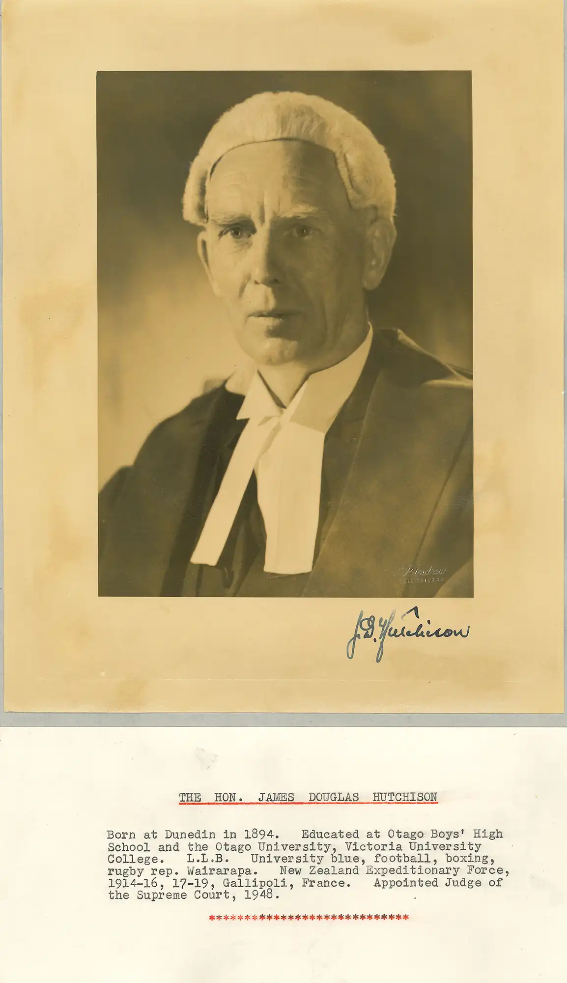 The Honourable Mr Justice James Douglas Hutchinson (1894-1981). Portrait photograph and brief typed biography.
