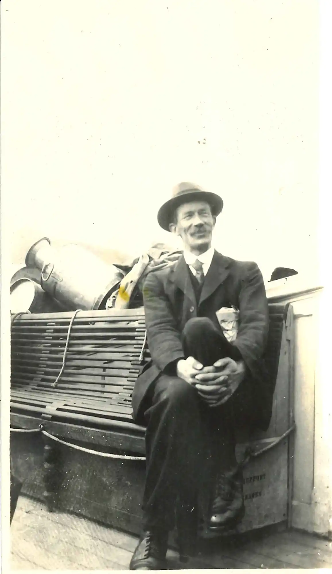 Photograph of Superintendent A.H. Reed on a Sunday School trip on a steamer in Otago Harbour, ca. 1920.