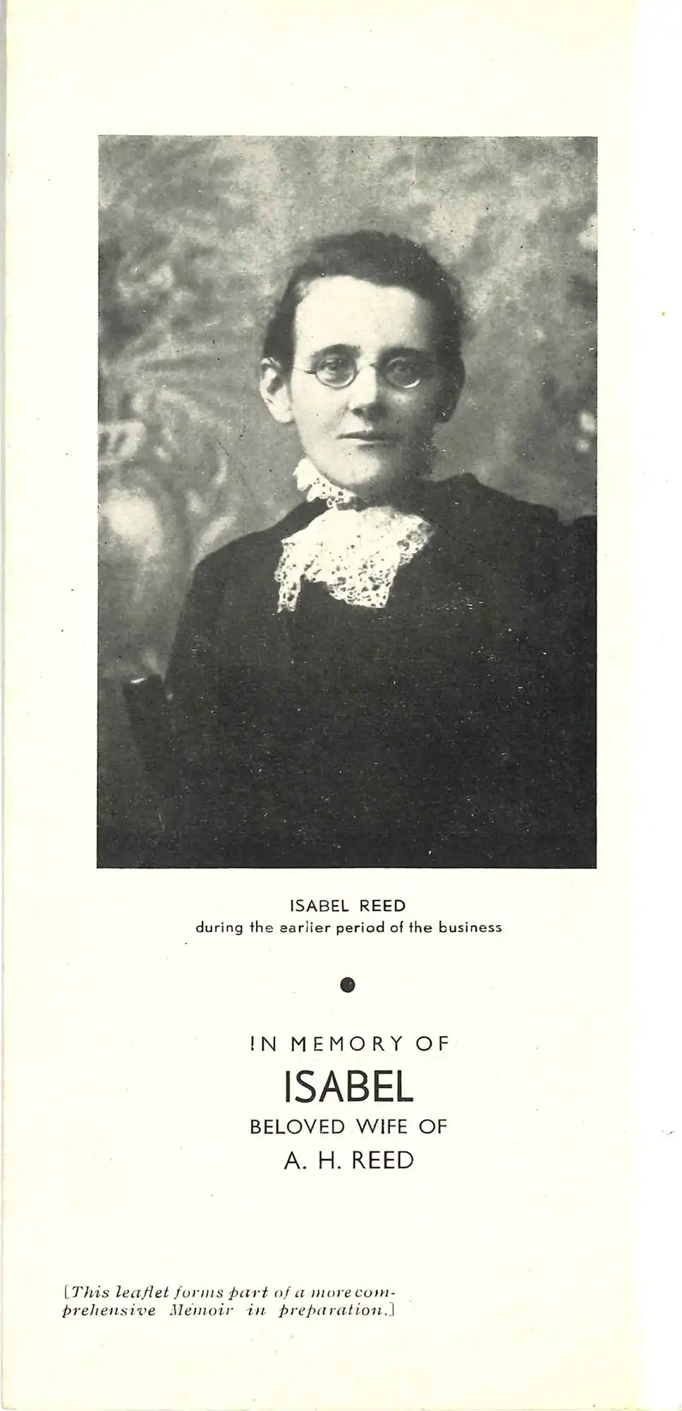 Pamphlet “In memory of Isabel, beloved wife of A.H. Reed” issued by A.H. Reed, 1939.