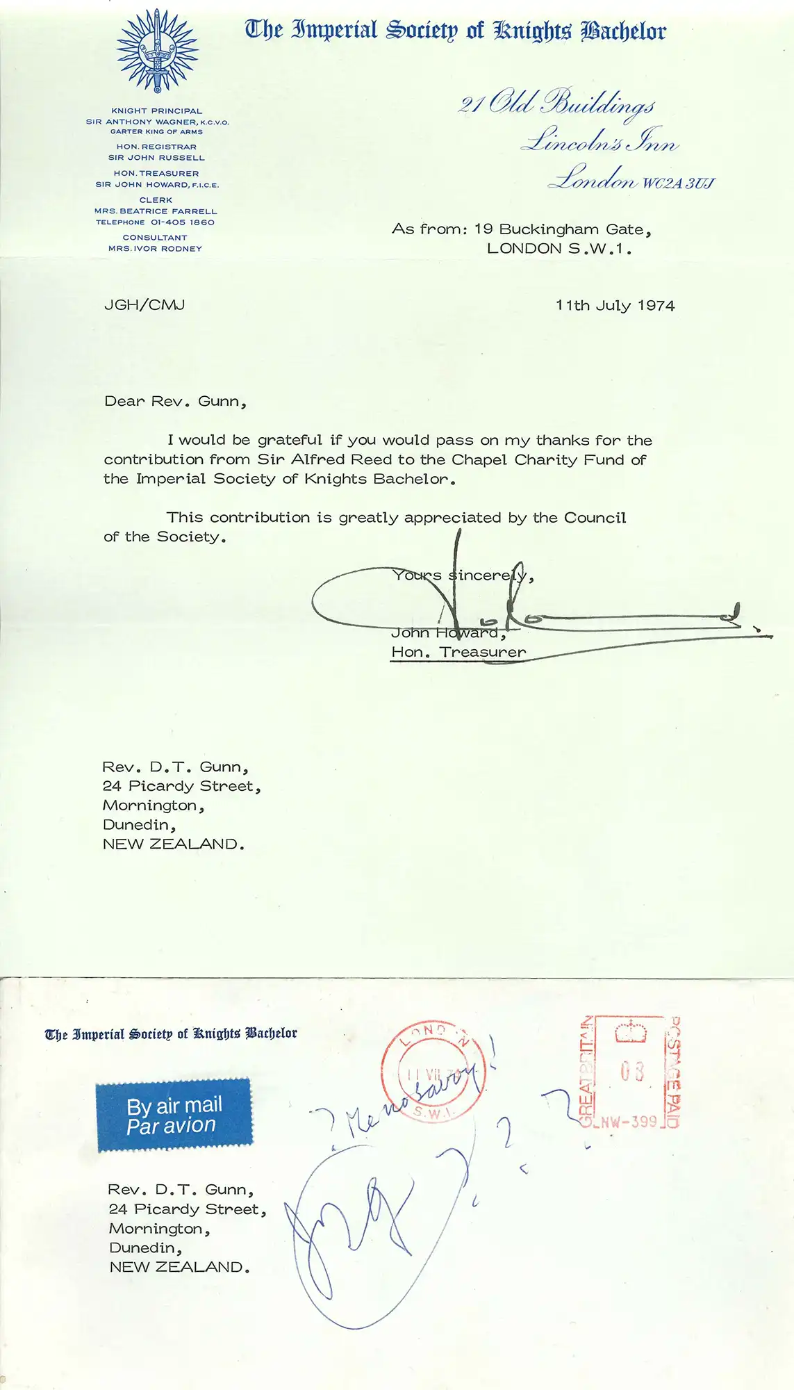 Letter, Imperial Society of Knights Bachelor, London to Rev. Jim T. Gunn, Dunedin, 11 July 1974; envelope with Reed’s scrawled response.