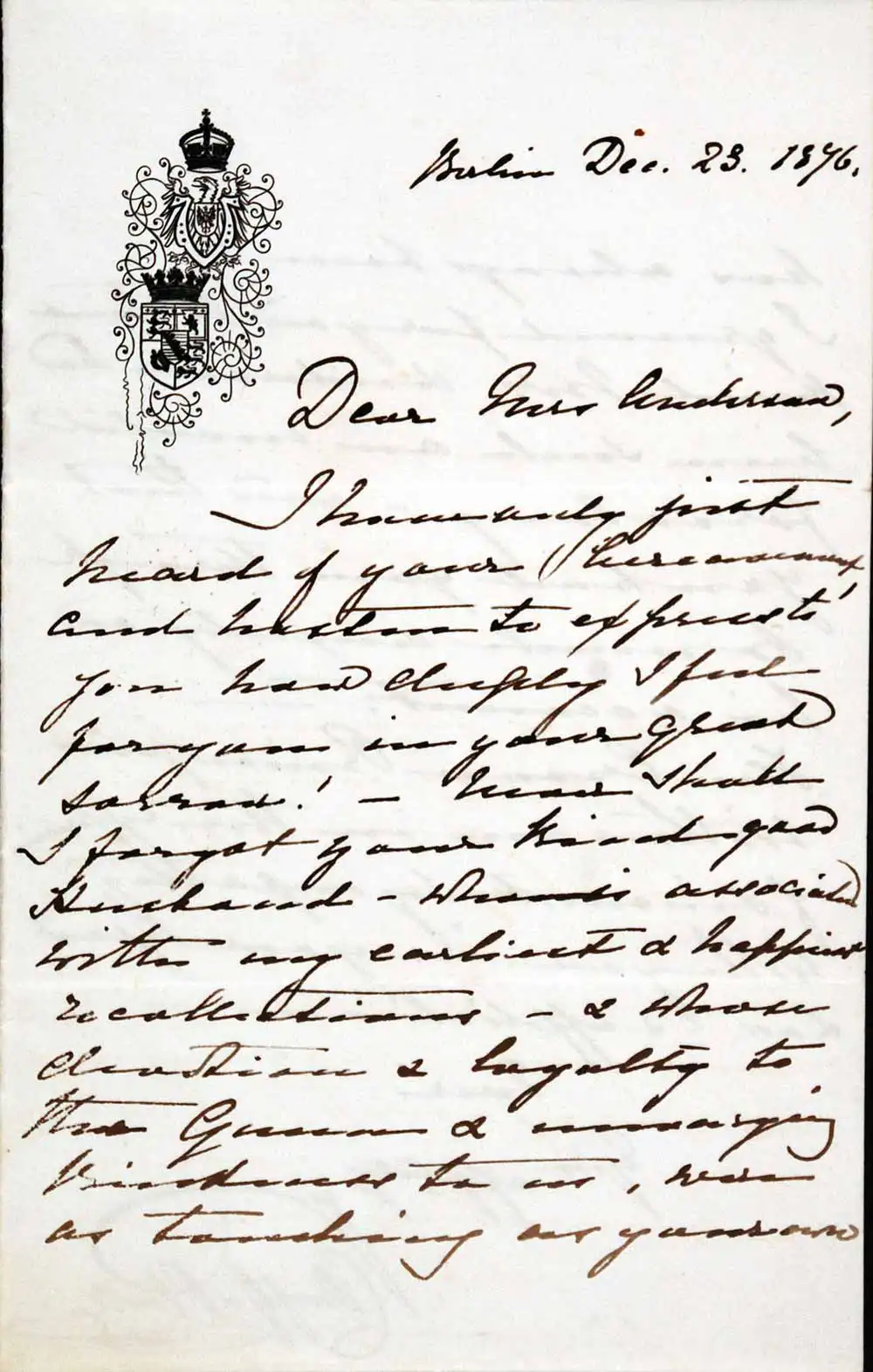 Letter signed. Empress Victoria, Consort of Frederick III (1840–1901), to Lucy Anderson (1797–1878), Berlin, 23 December 1876.